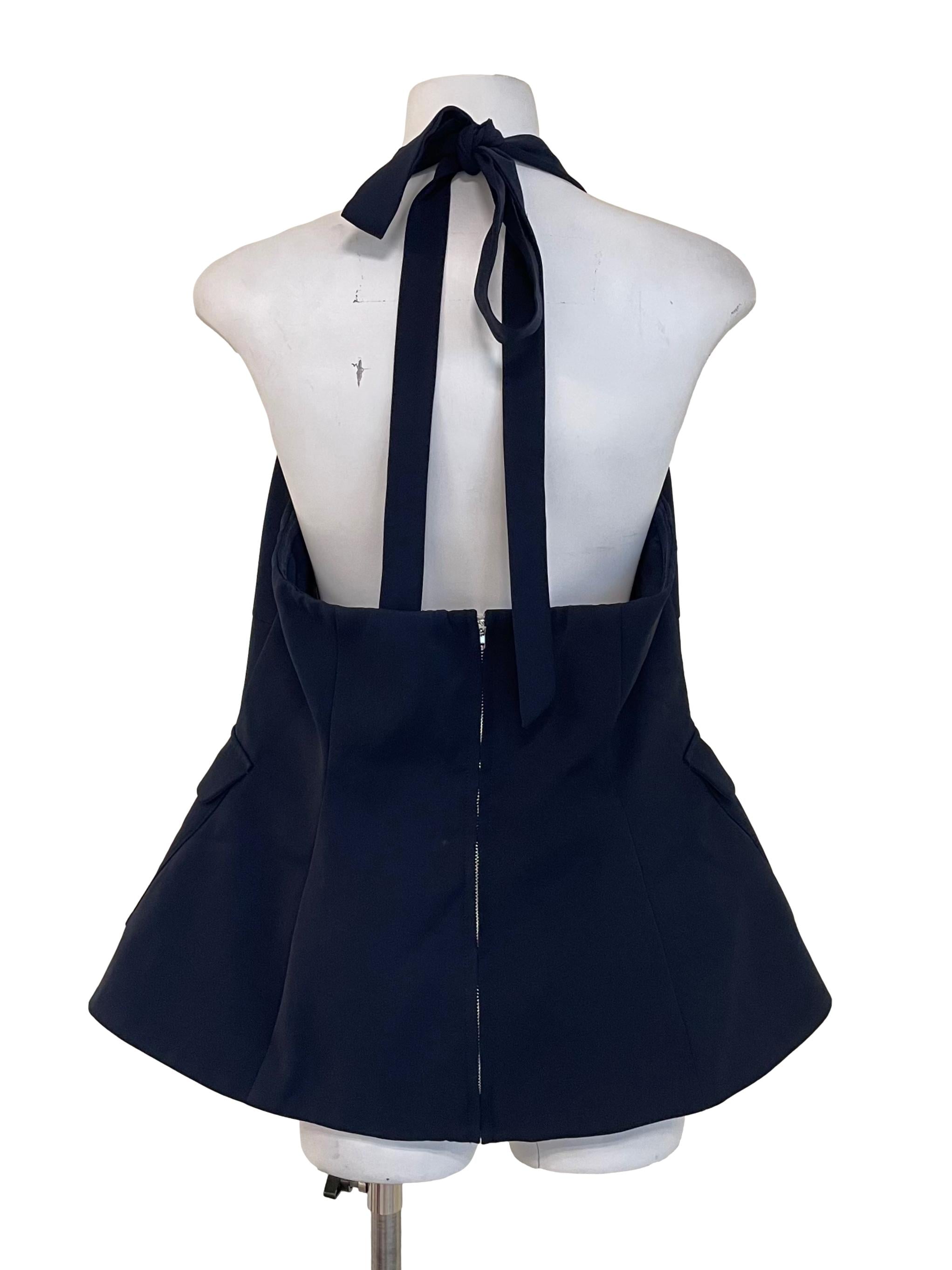 Deep Navy Halter Strap Flower Button Top