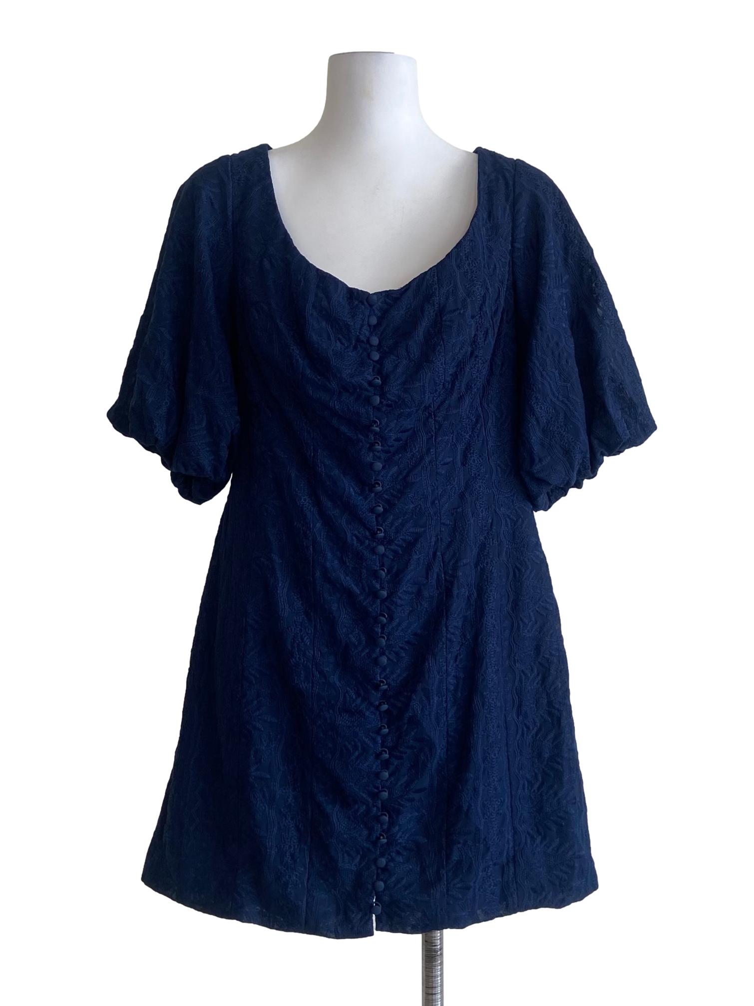 Denim Blue Scoop Neck Floral Lace Mini Dress