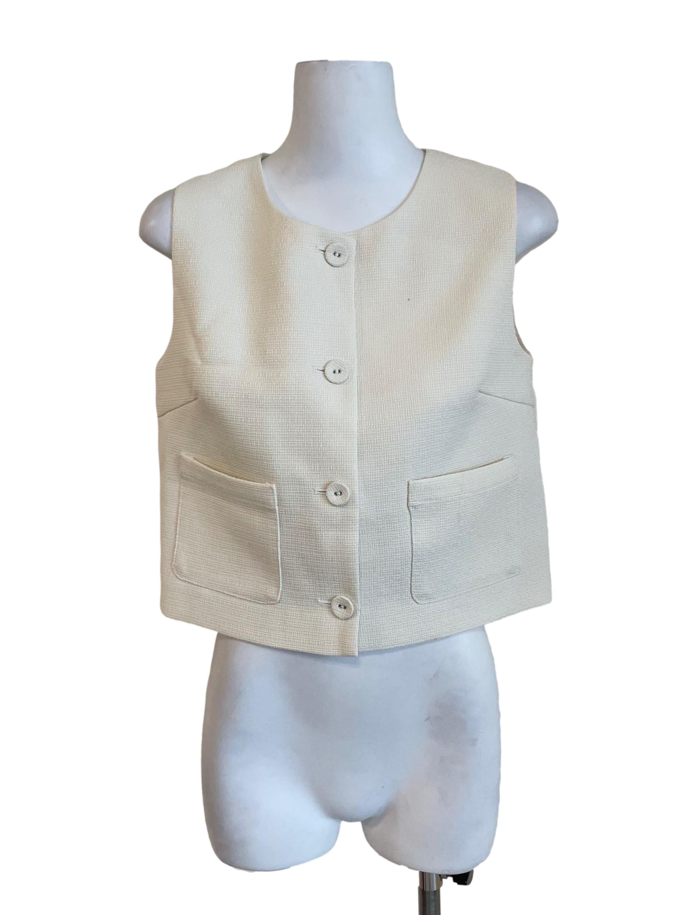 Off White Round Neck Button Down Top