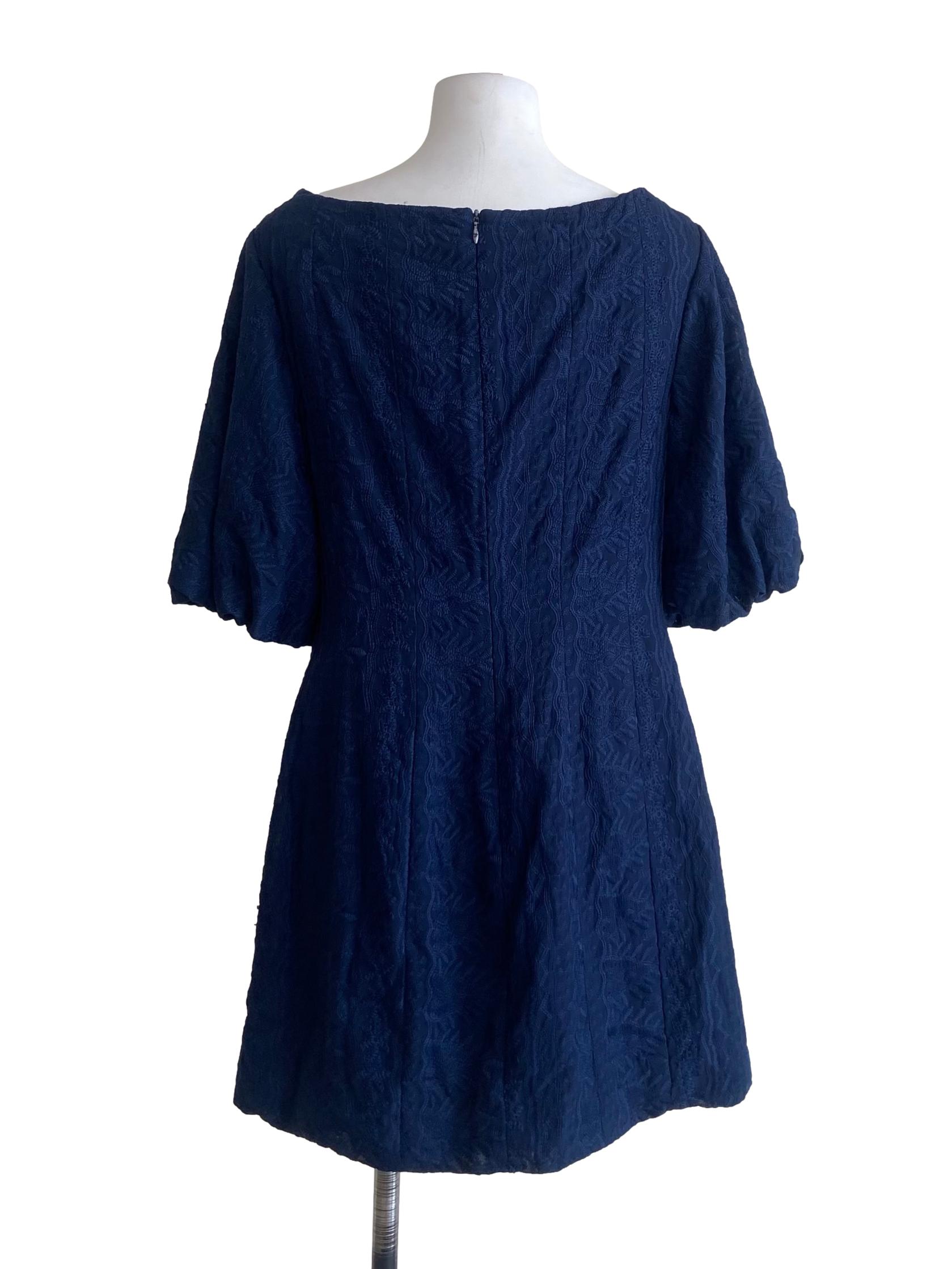Denim Blue Scoop Neck Floral Lace Mini Dress