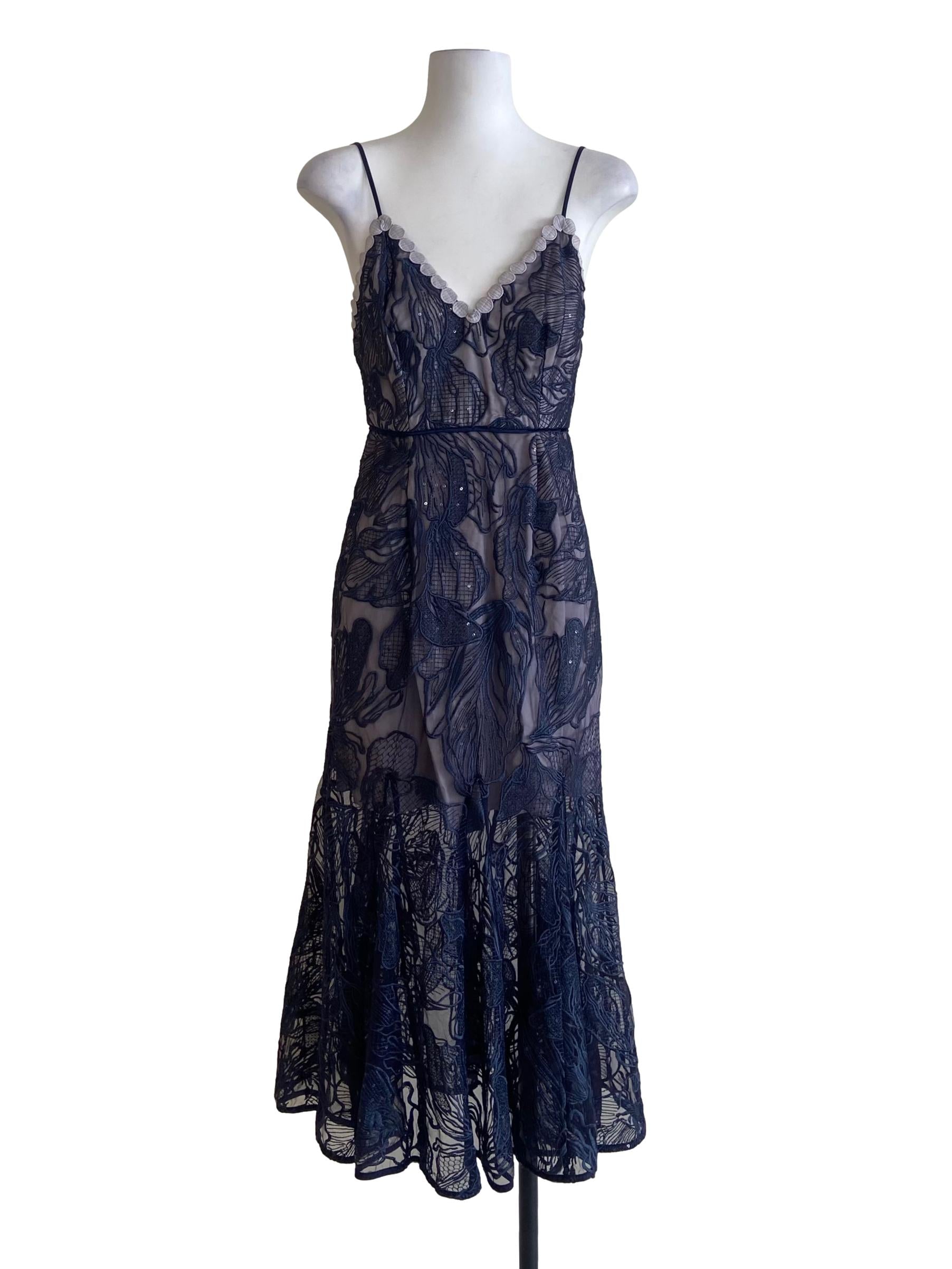Navy Blue Floral Lace Empire Dress