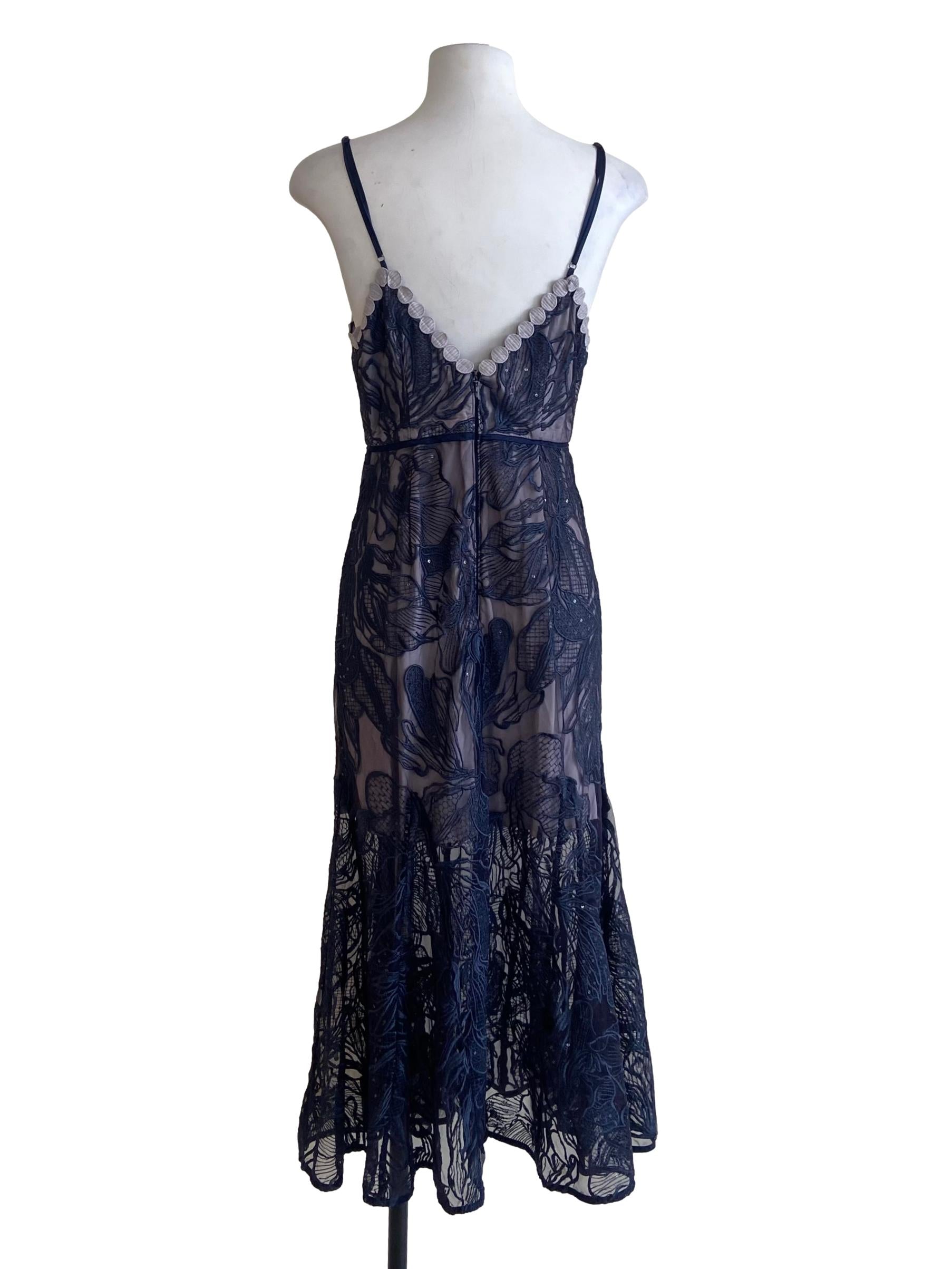 Navy Blue Floral Lace Empire Dress