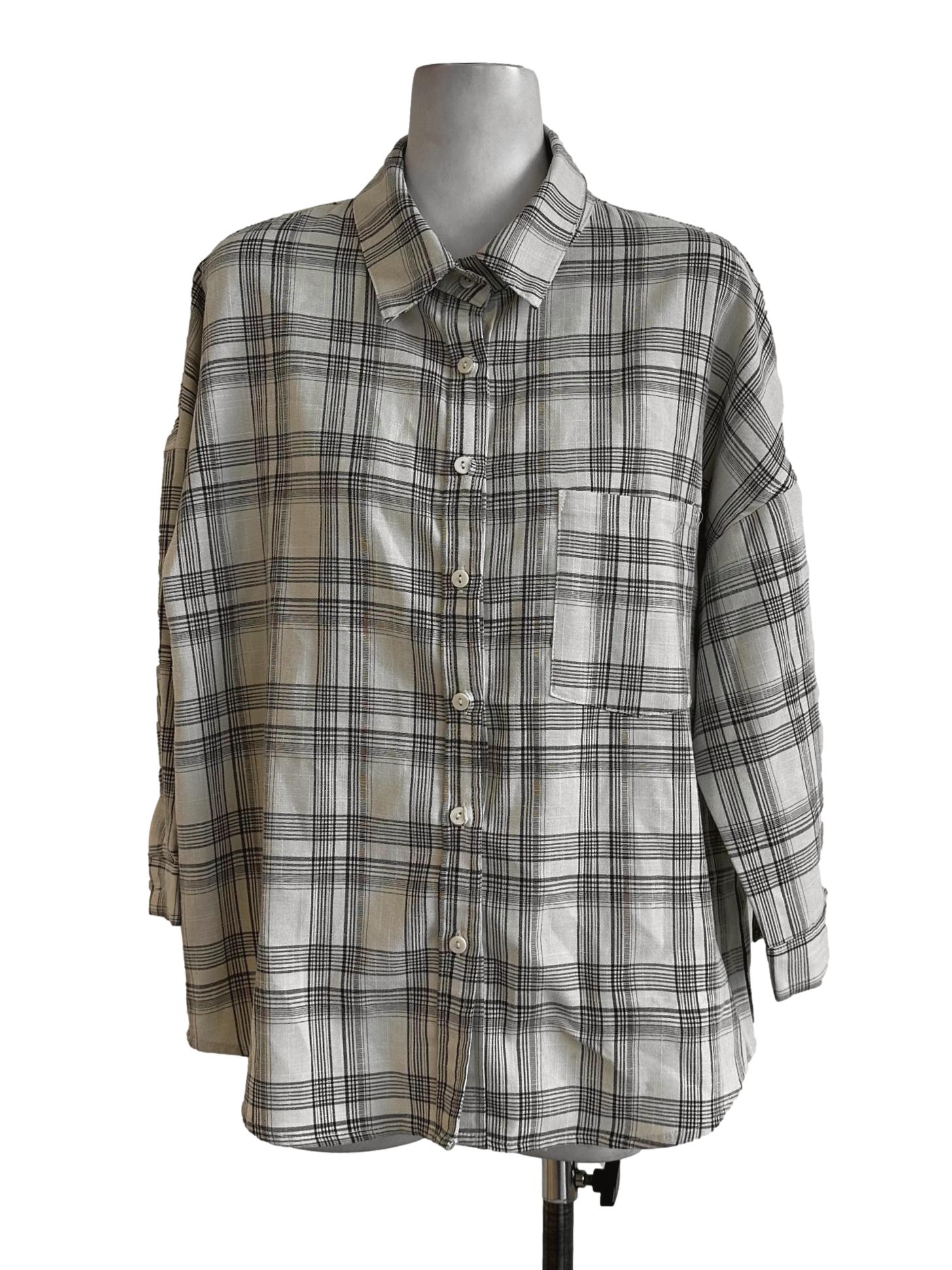 Cream Plaid Pattern Blouses TTR