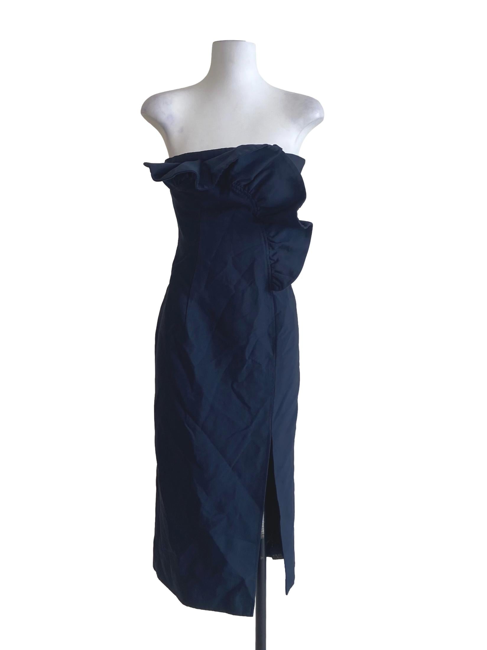 Navy Blue Strapless Ruffled Slit Dress