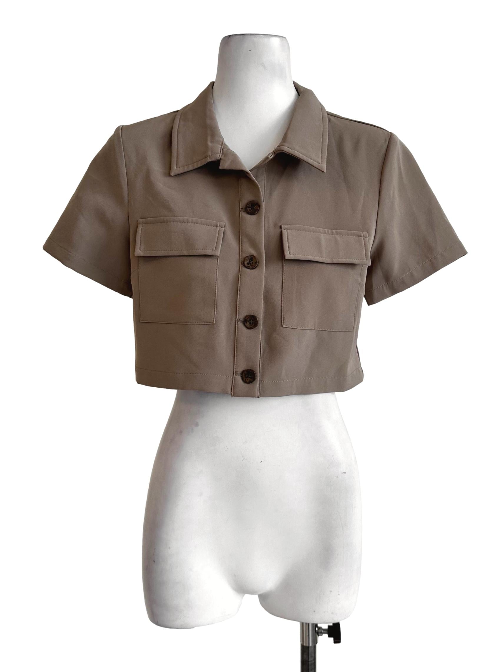 Peanut Brown Collar Button Top