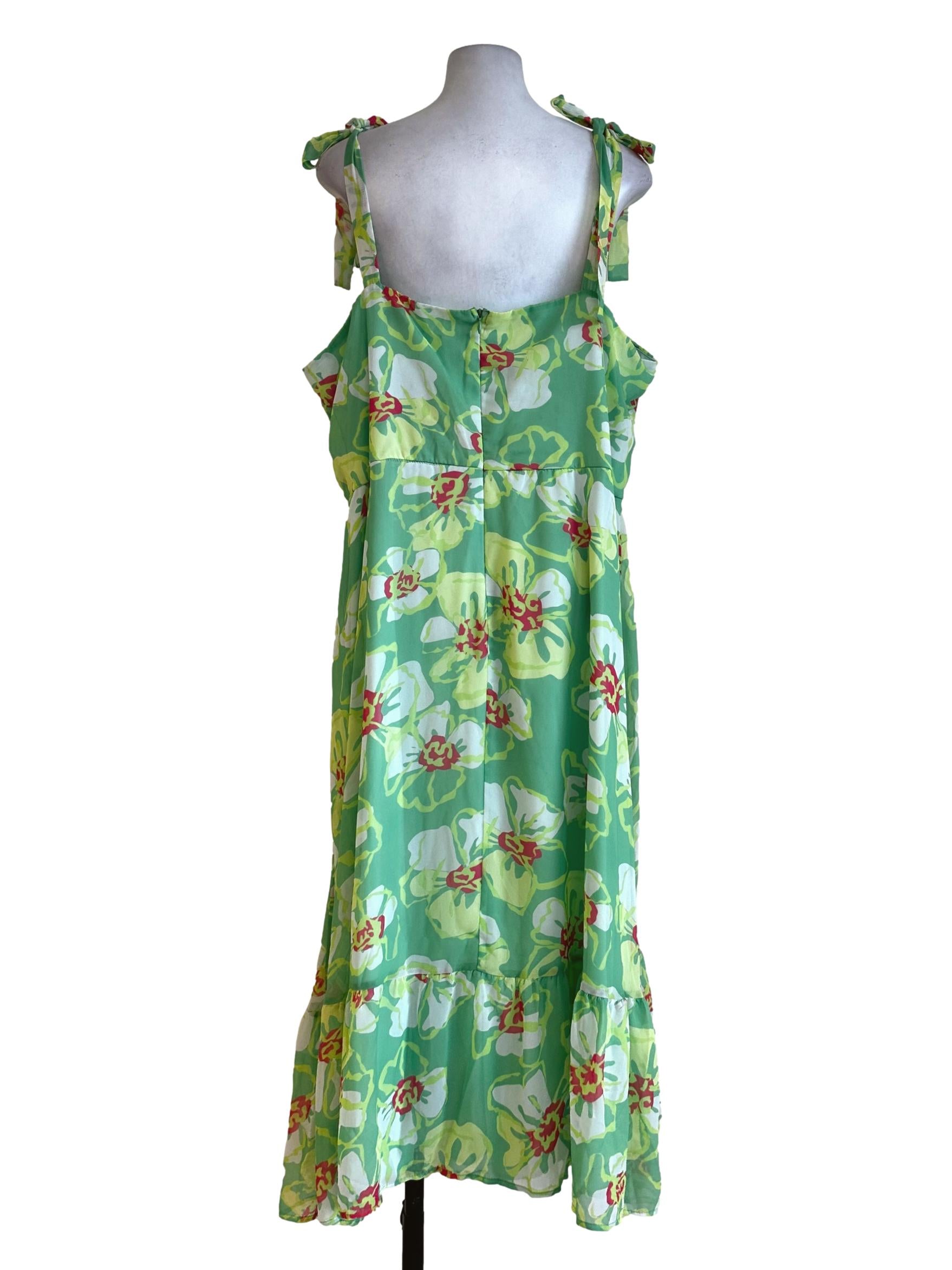 Chartreuse Green Flower Pattern Maxi Dress