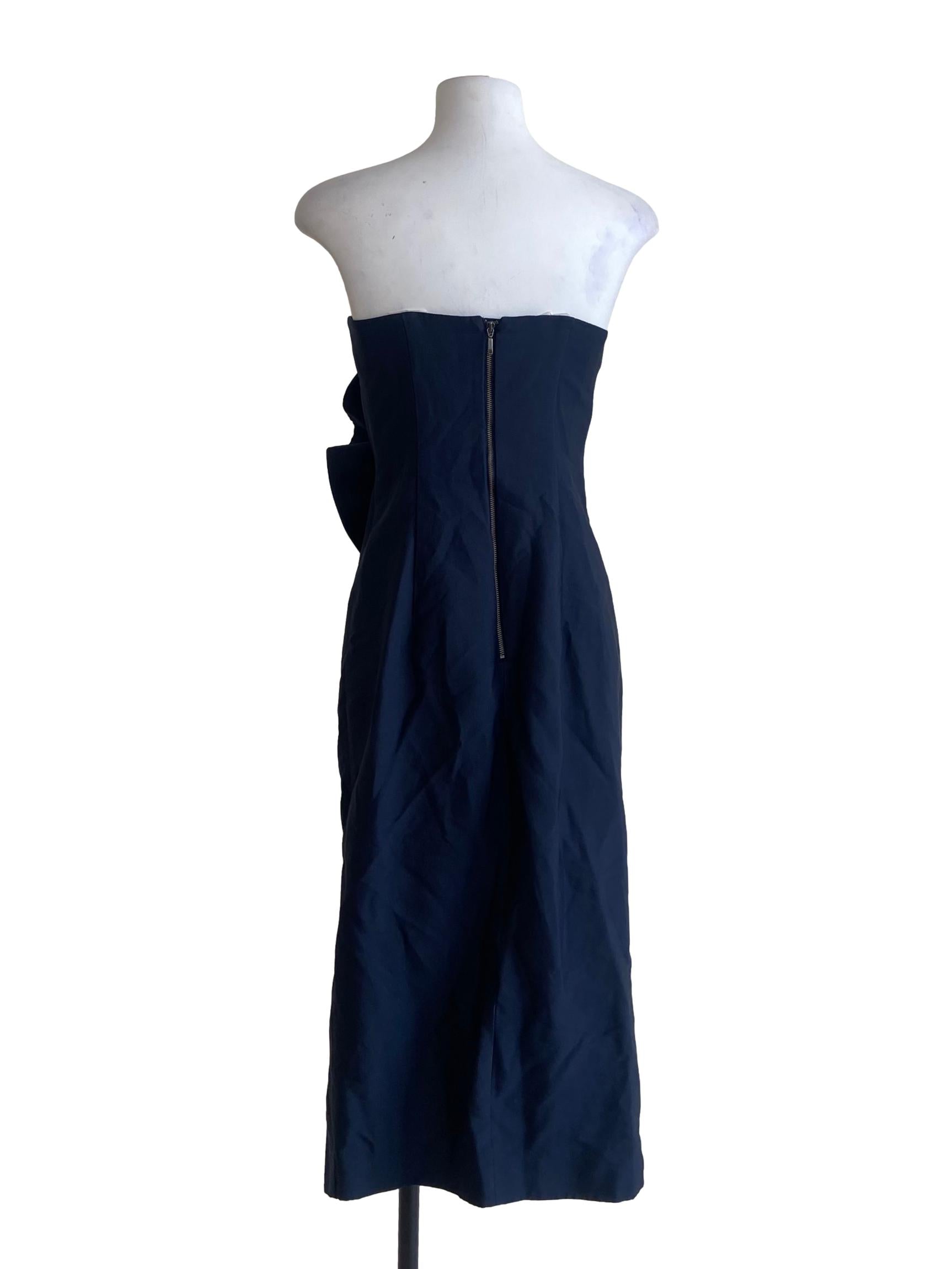 Navy Blue Strapless Ruffled Slit Dress