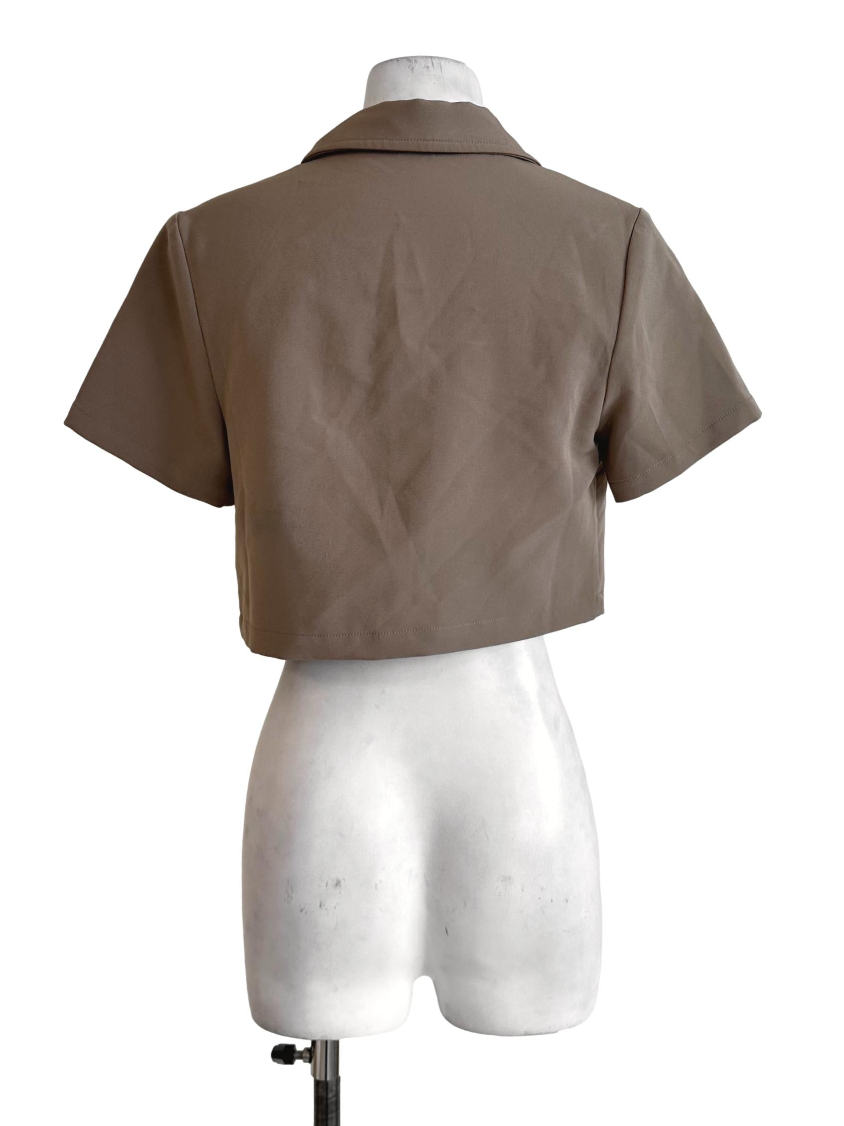 Peanut Brown Collar Button Top