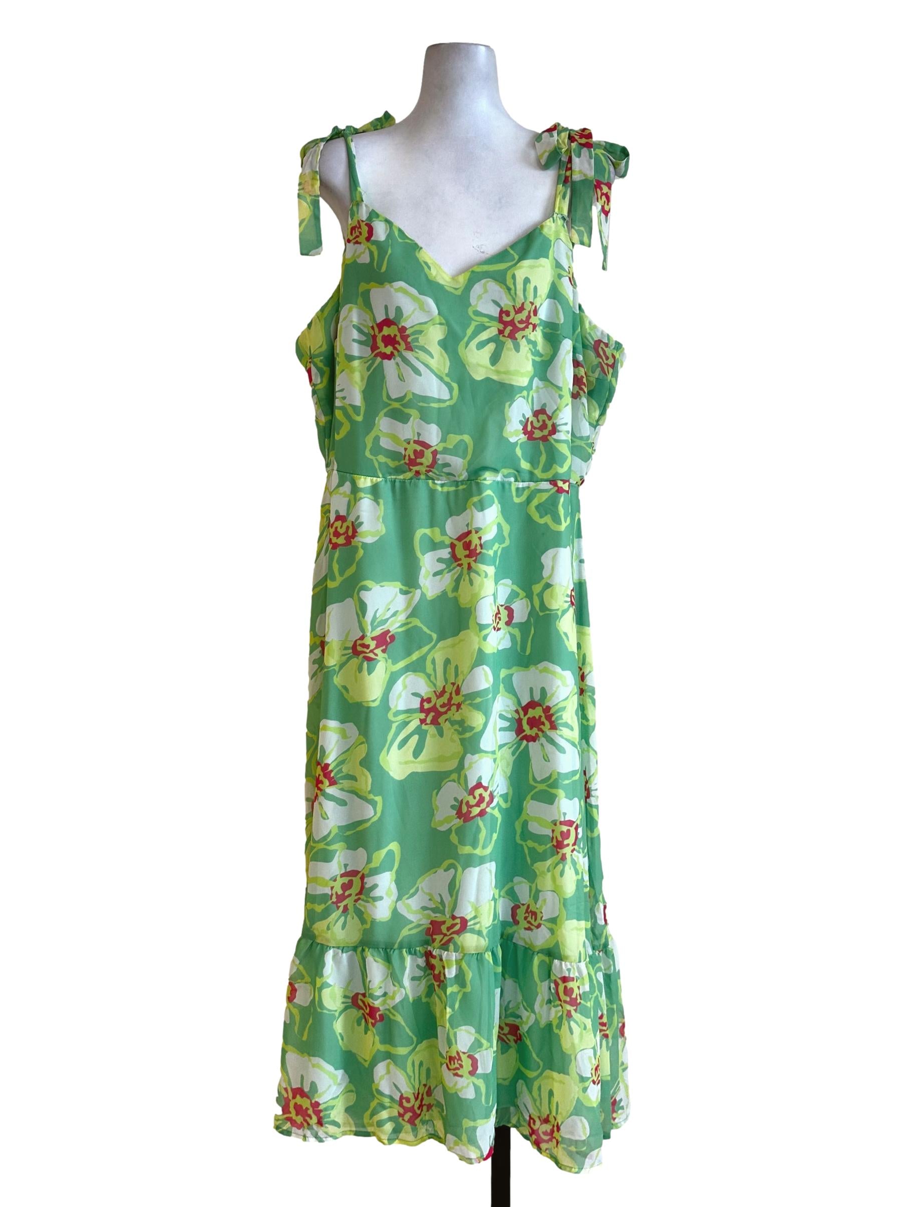 Chartreuse Green Flower Pattern Maxi Dress
