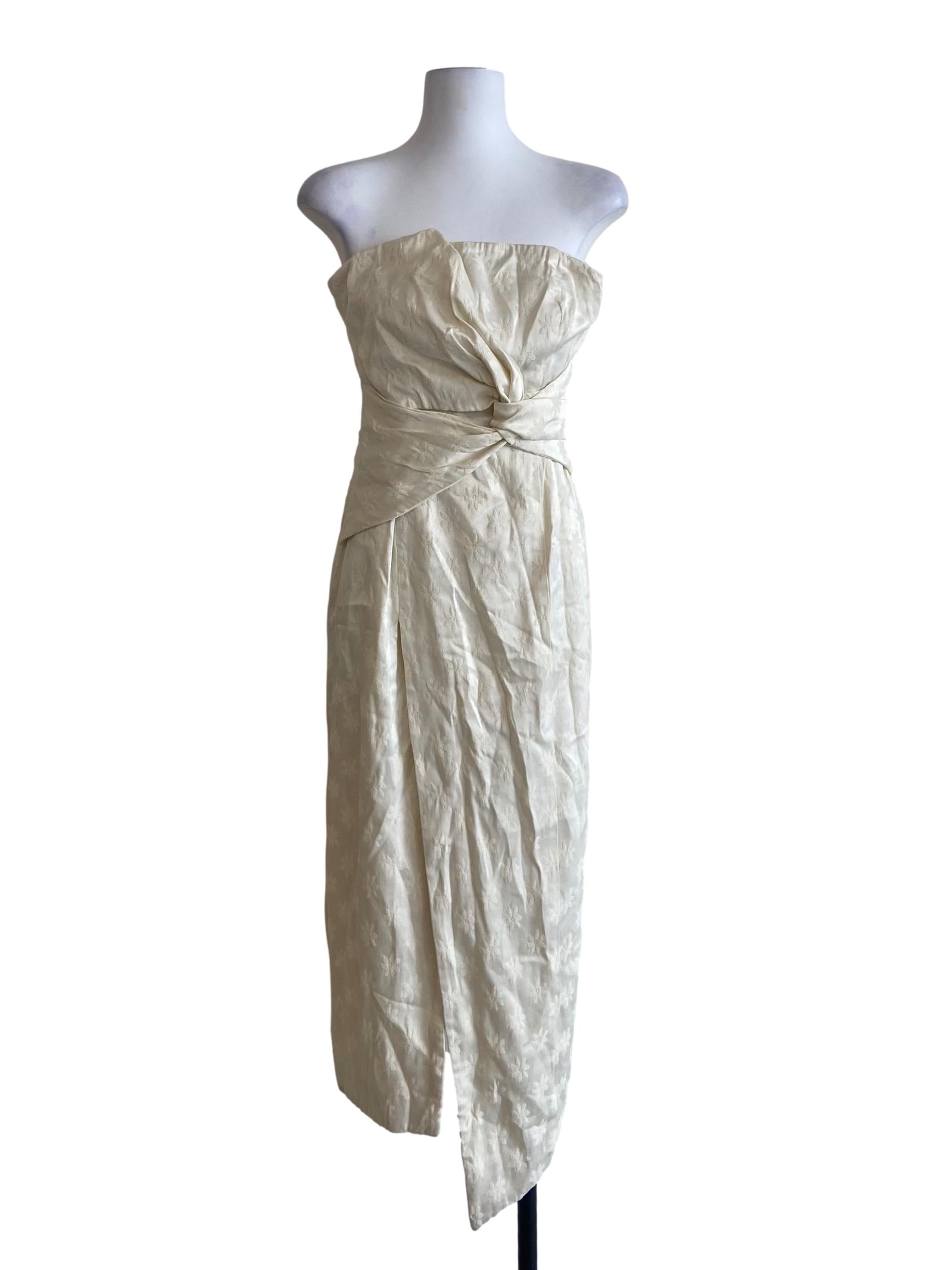 Egg Shell Beige Floral Strapless Slit Dress