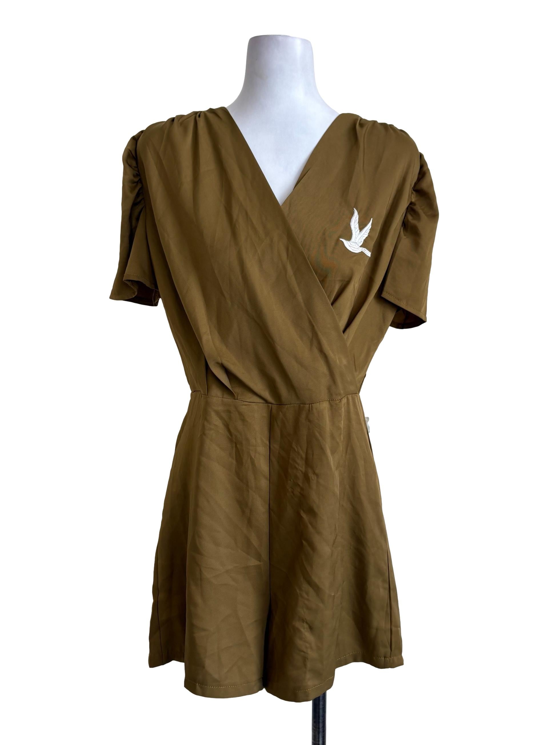 Olive Green Layered Bird Embroidered Rompers