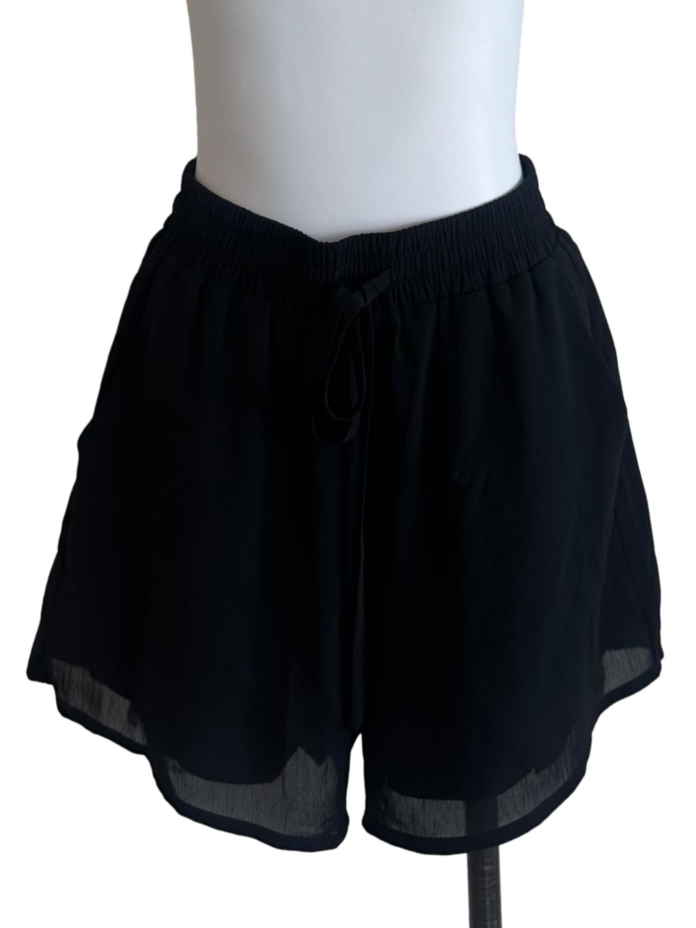 Onyx Black Elastic Waist Textured Chiffon Shorts