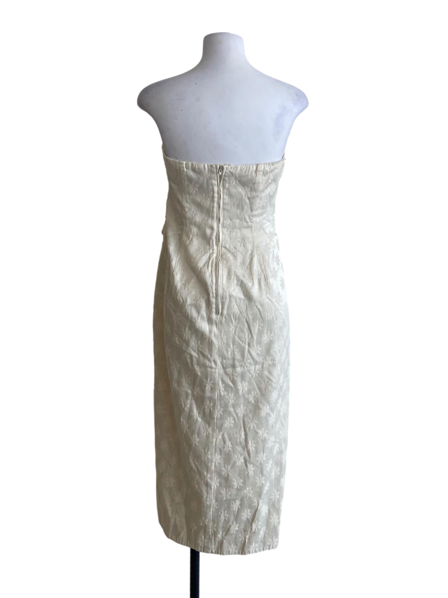 Egg Shell Beige Floral Strapless Slit Dress