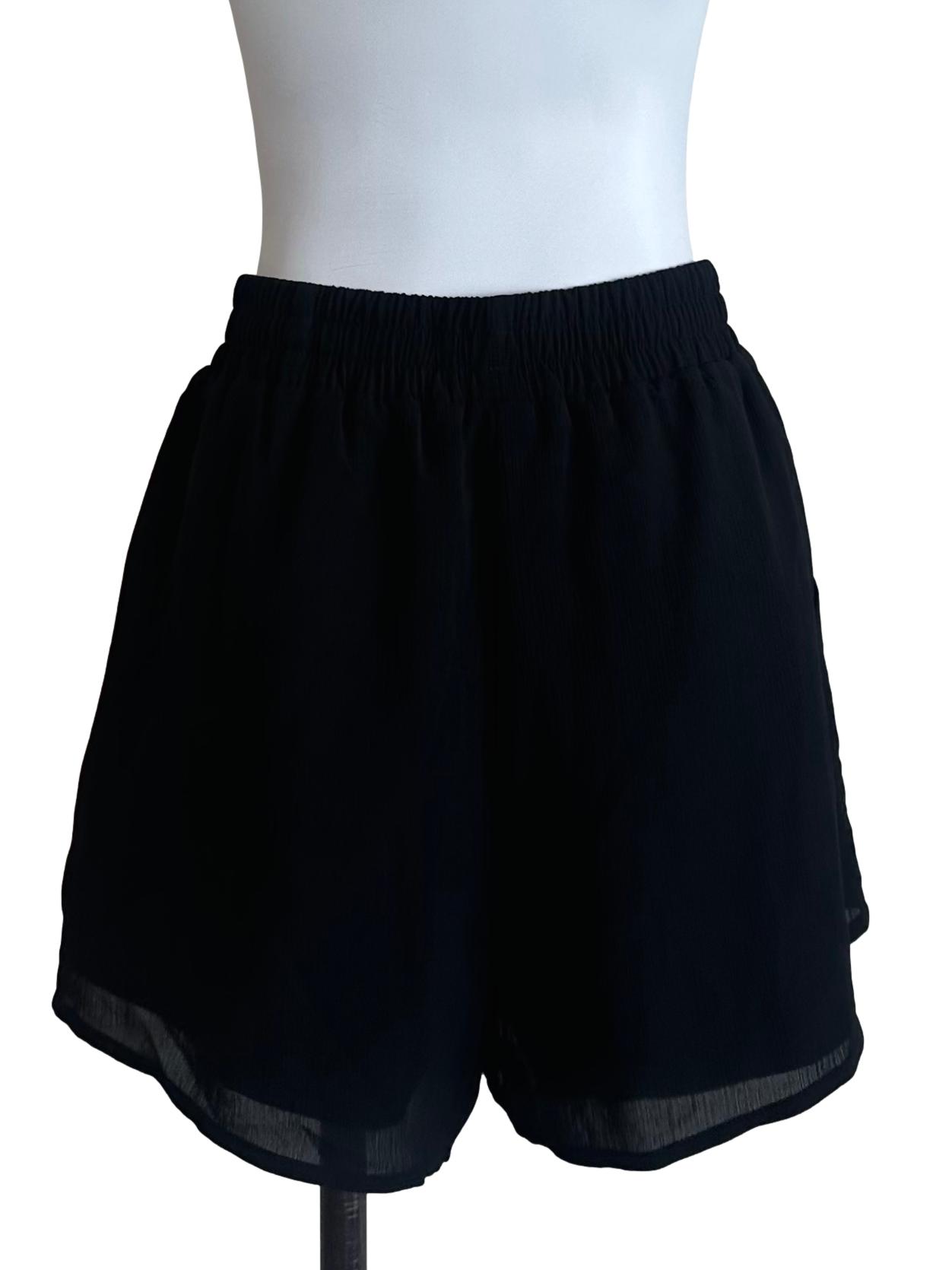 Onyx Black Elastic Waist Textured Chiffon Shorts
