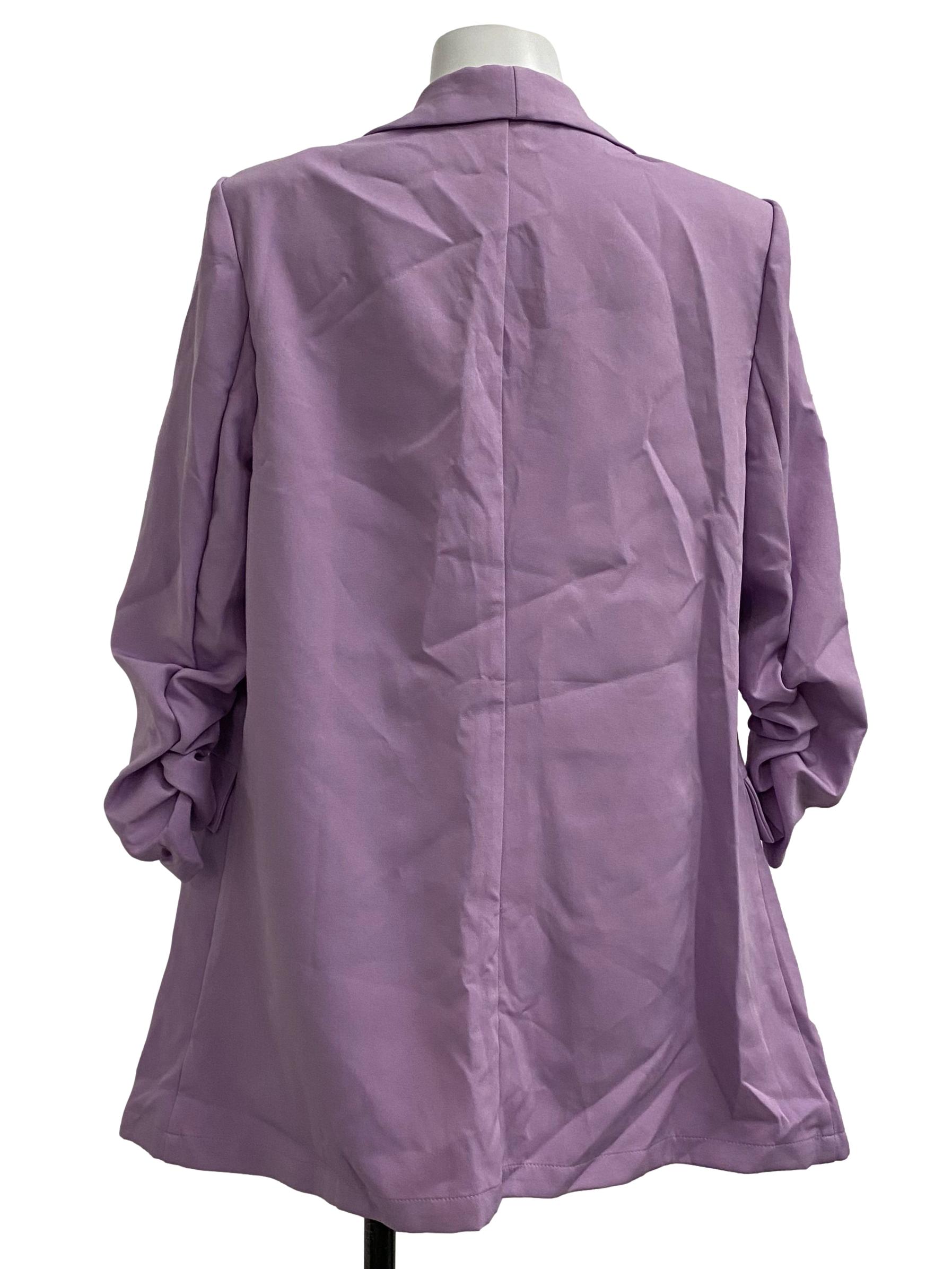 Lilac Scrunched-Sleeve Open Blazer