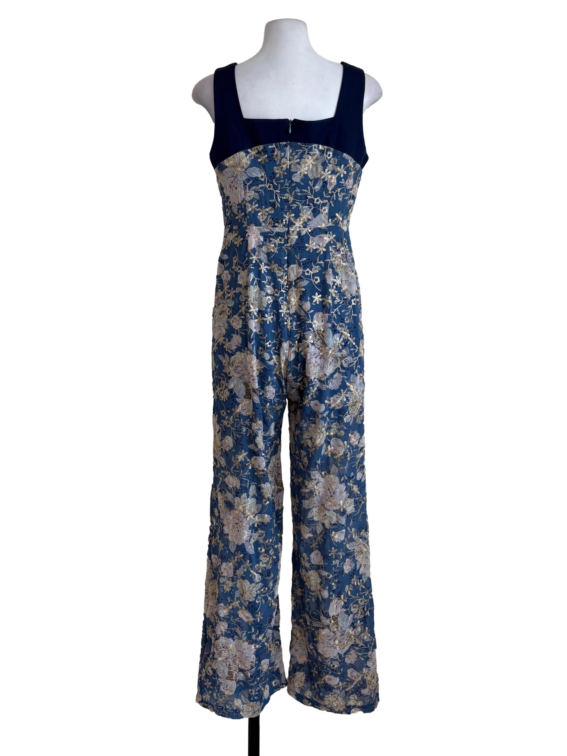 Blue Floral Embroidered Jumpsuit
