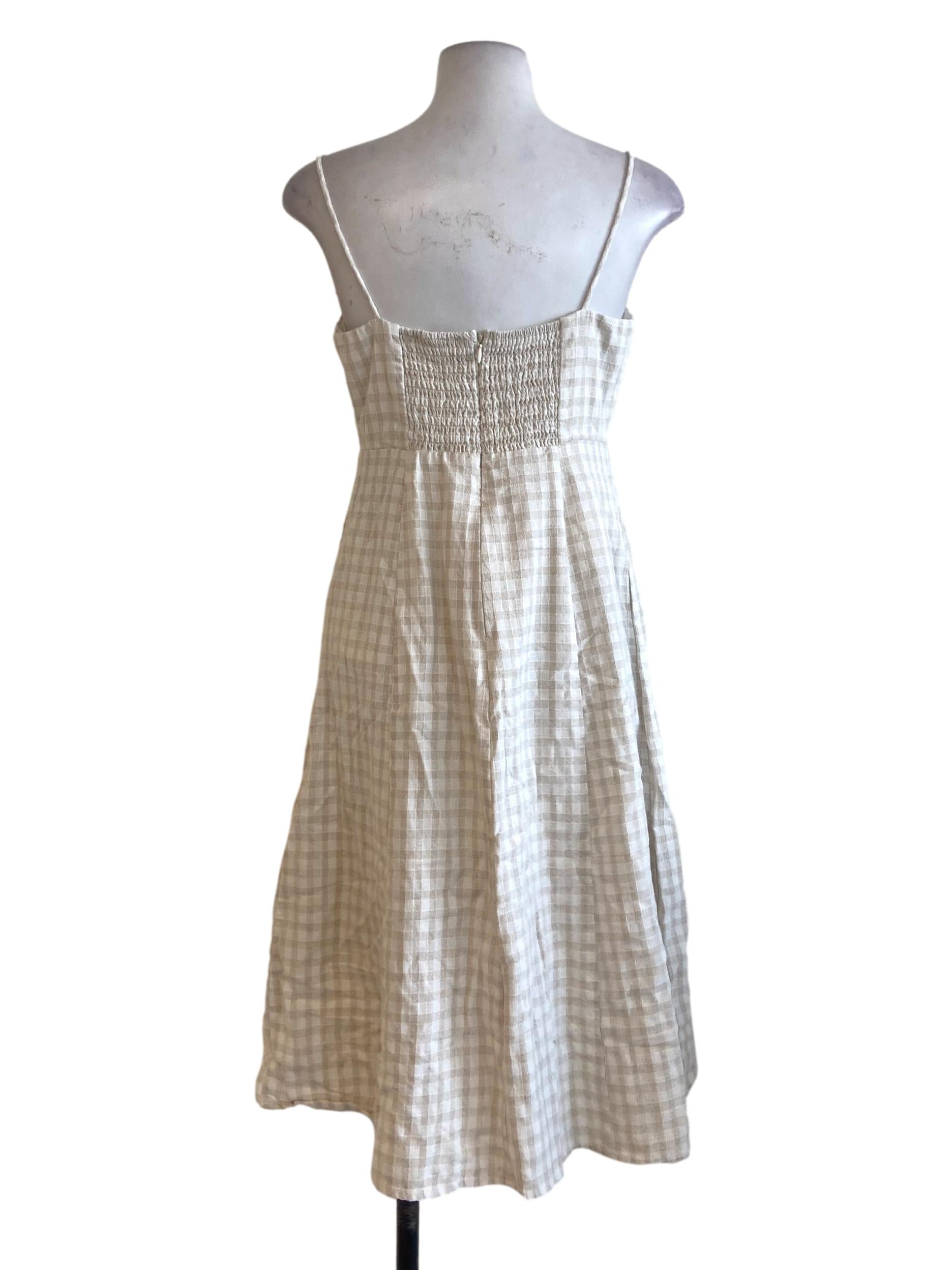 Chiffon Beige Gingham Spaghetti Strap Slit Dress LB