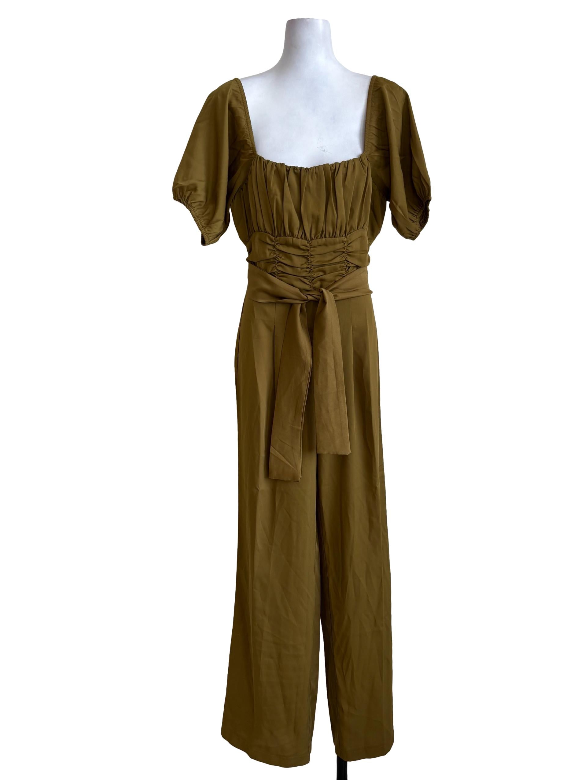 Olive Green Pleated Puffed Sleeves Jumpsuit