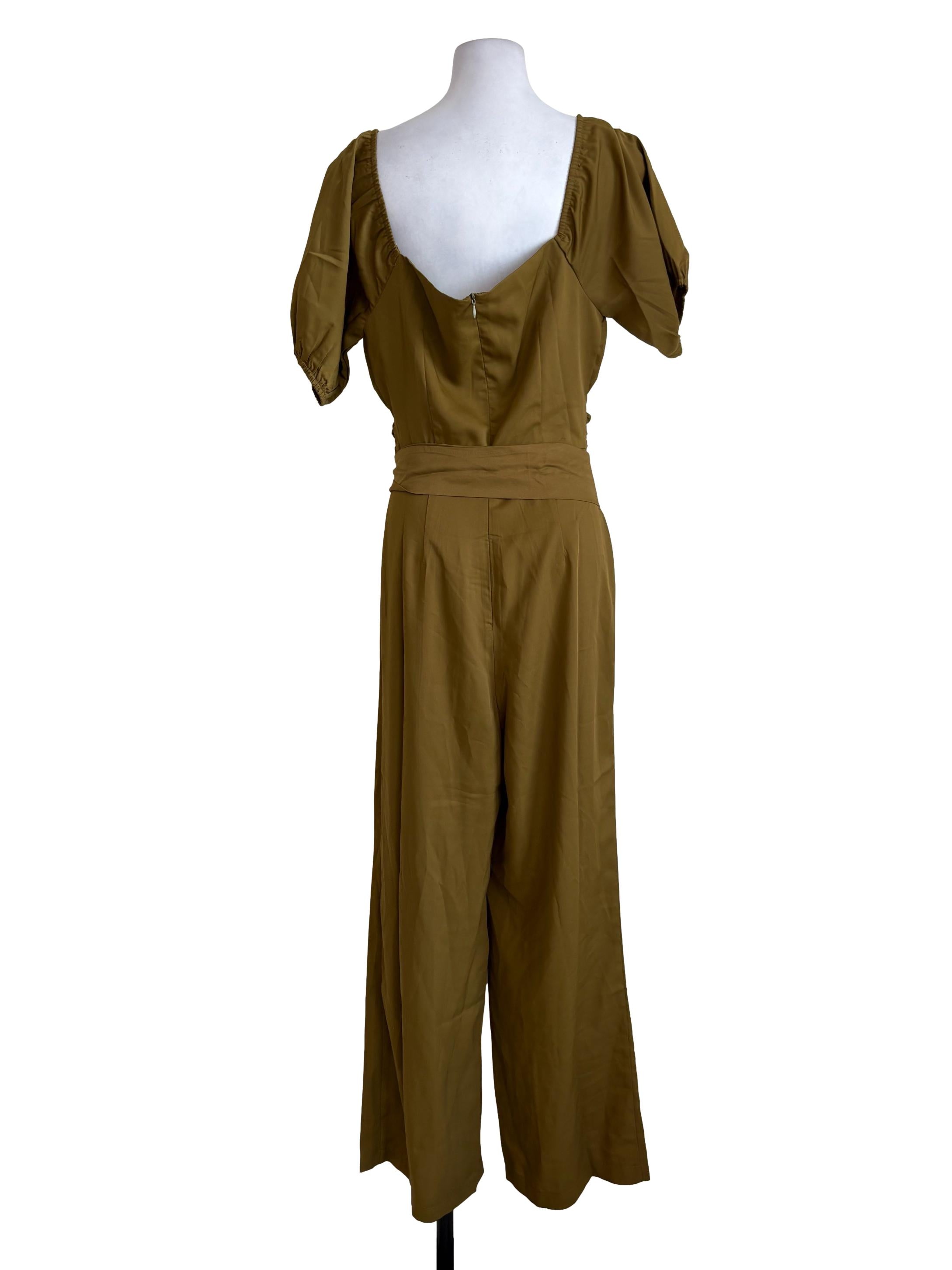 Olive Green Pleated Puffed Sleeves Jumpsuit