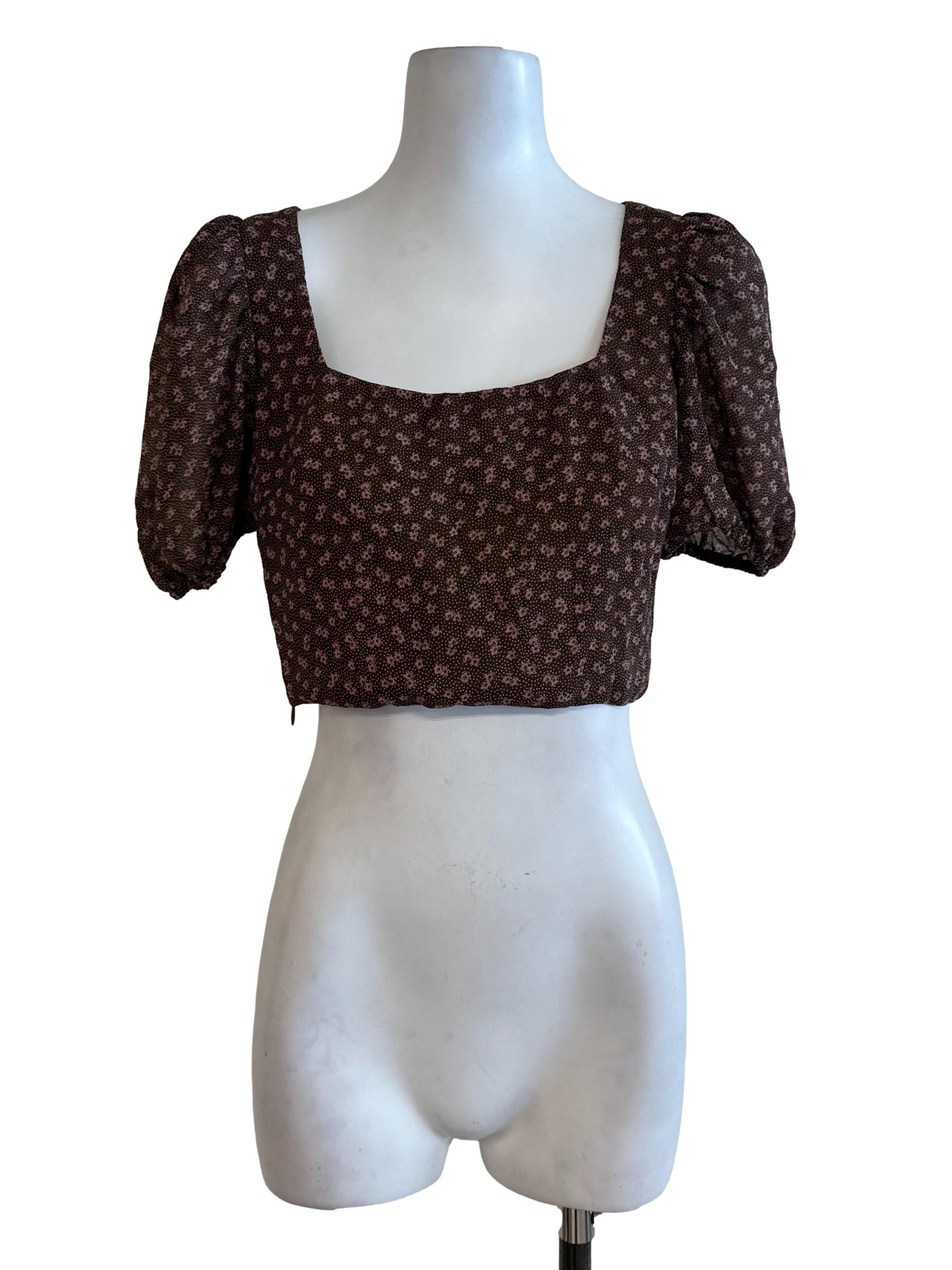 Dark Brown Floral Square Neck Top