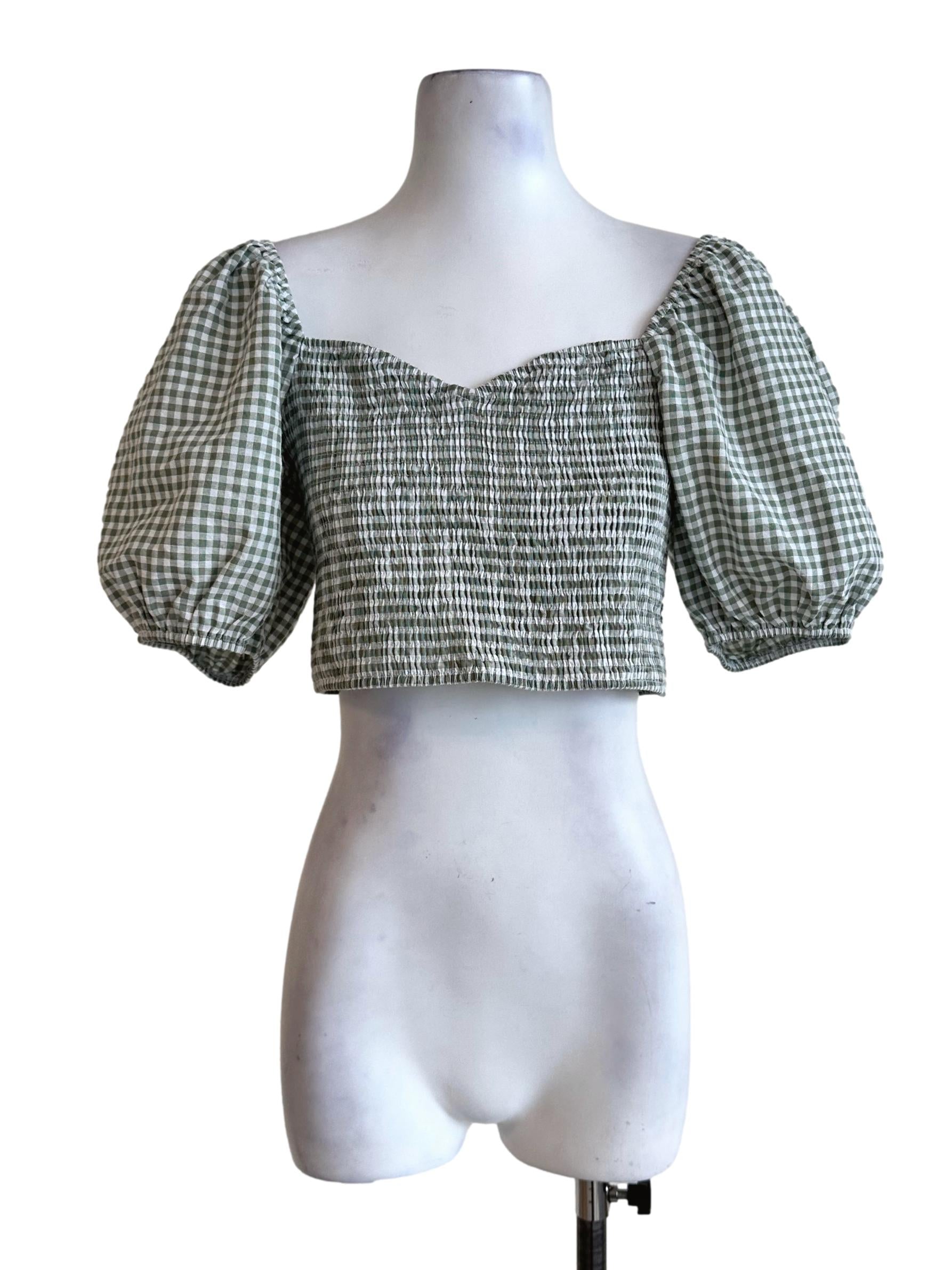 Green Gingham Pattern Smocked Crop Top
