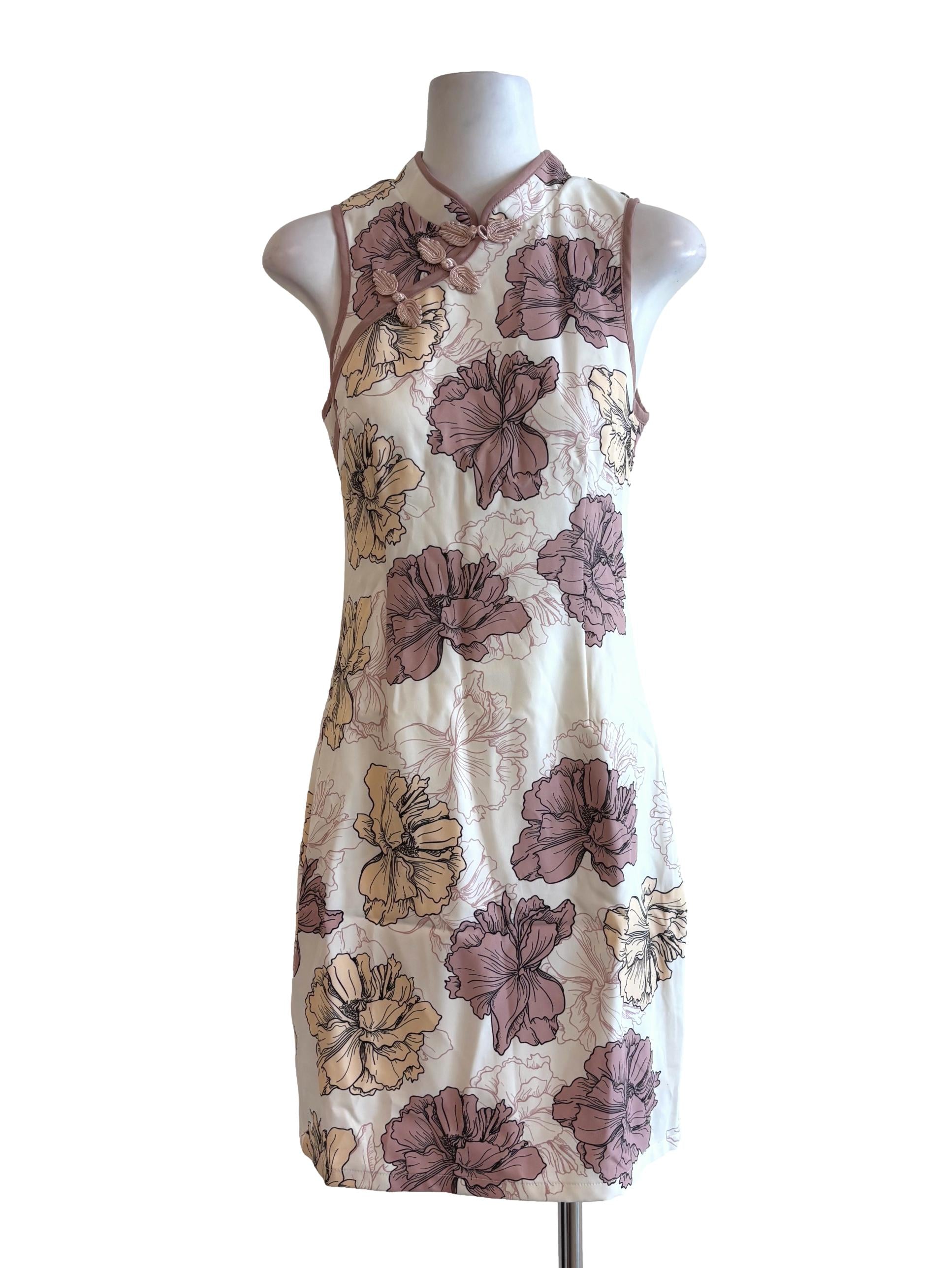 Rice White Floral Sleeveless Cheongsam Dress TCL