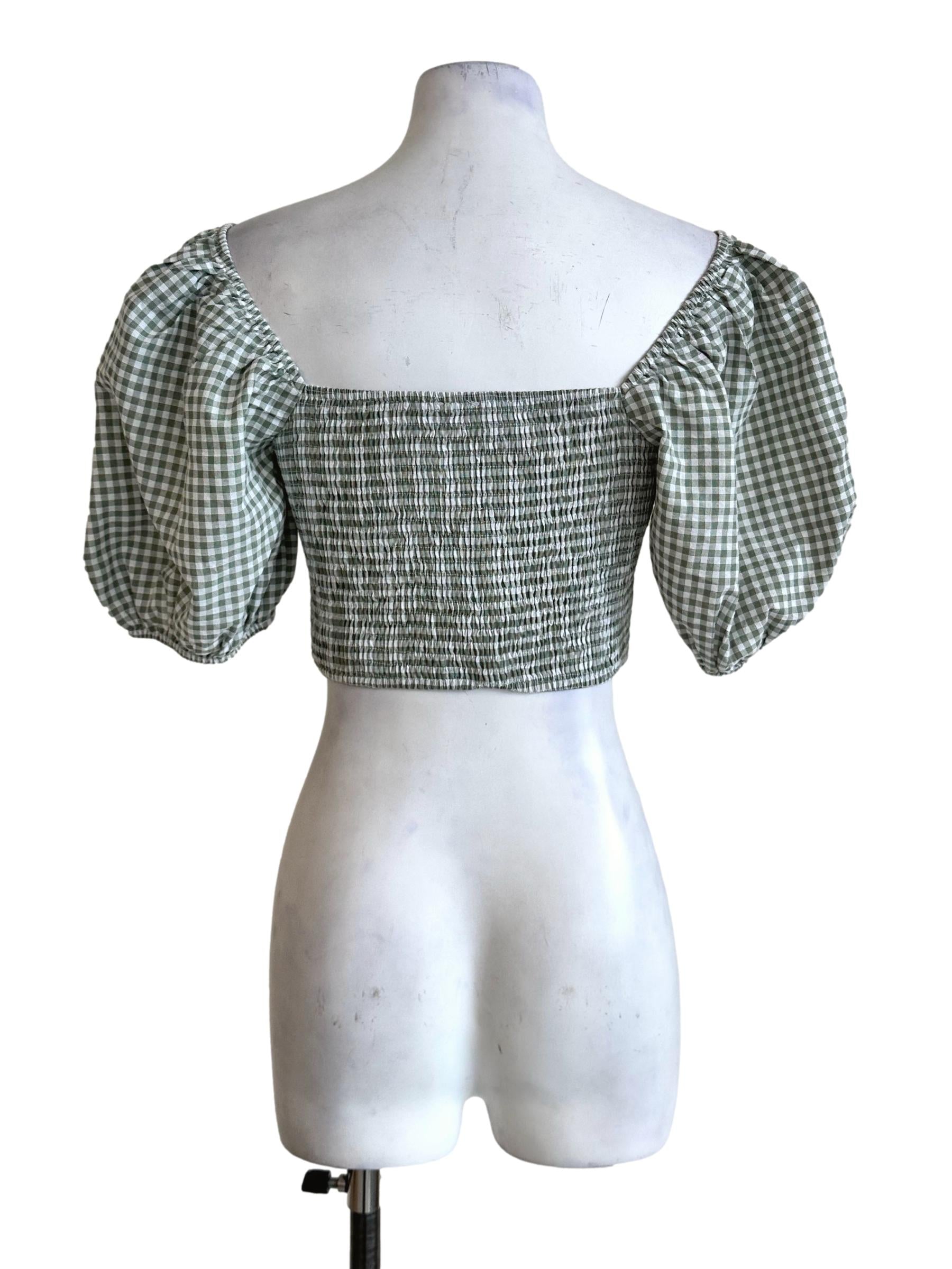Green Gingham Pattern Smocked Crop Top