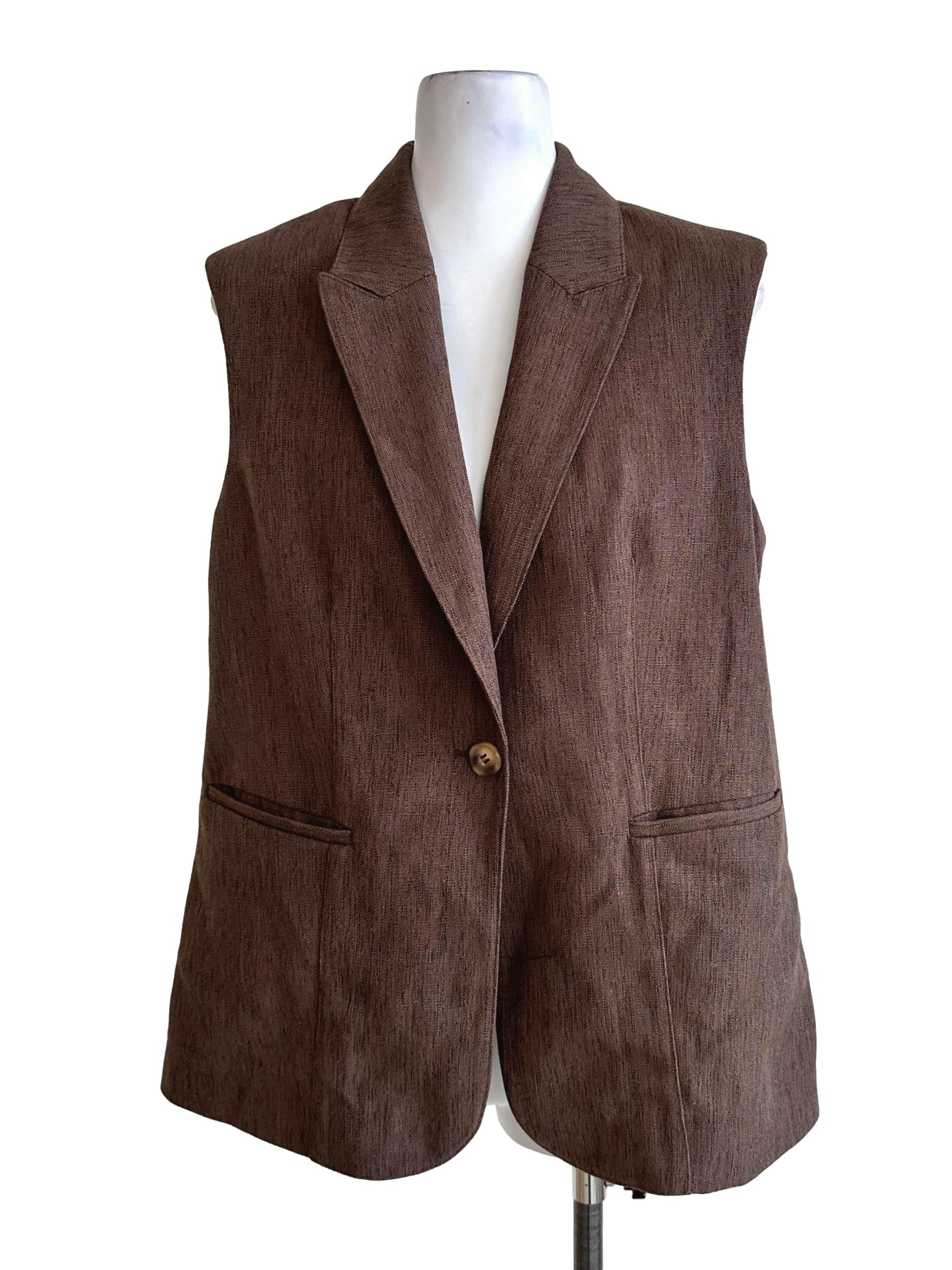 Wood Brown Texture Sleeveless Blazer LB