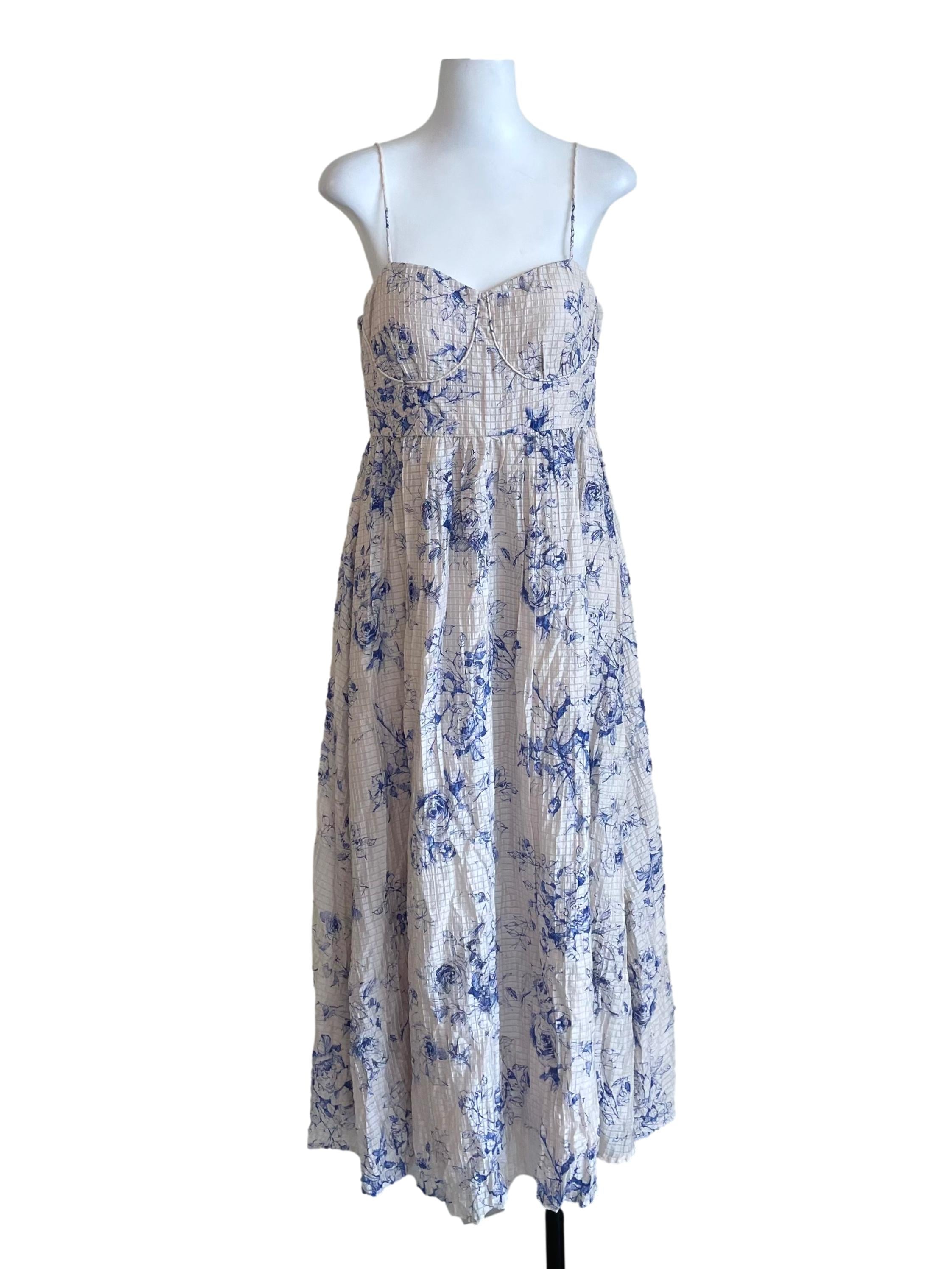 Cotton And Azure Floral Bustier Bouffant Dress