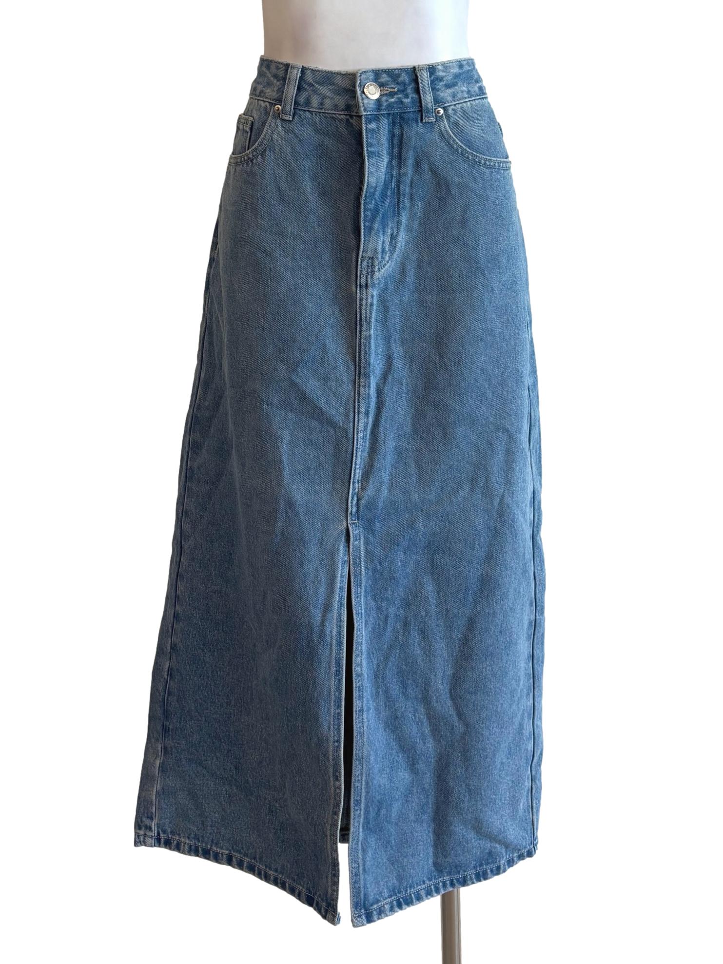 Washed Blue Midi Denim Skirt