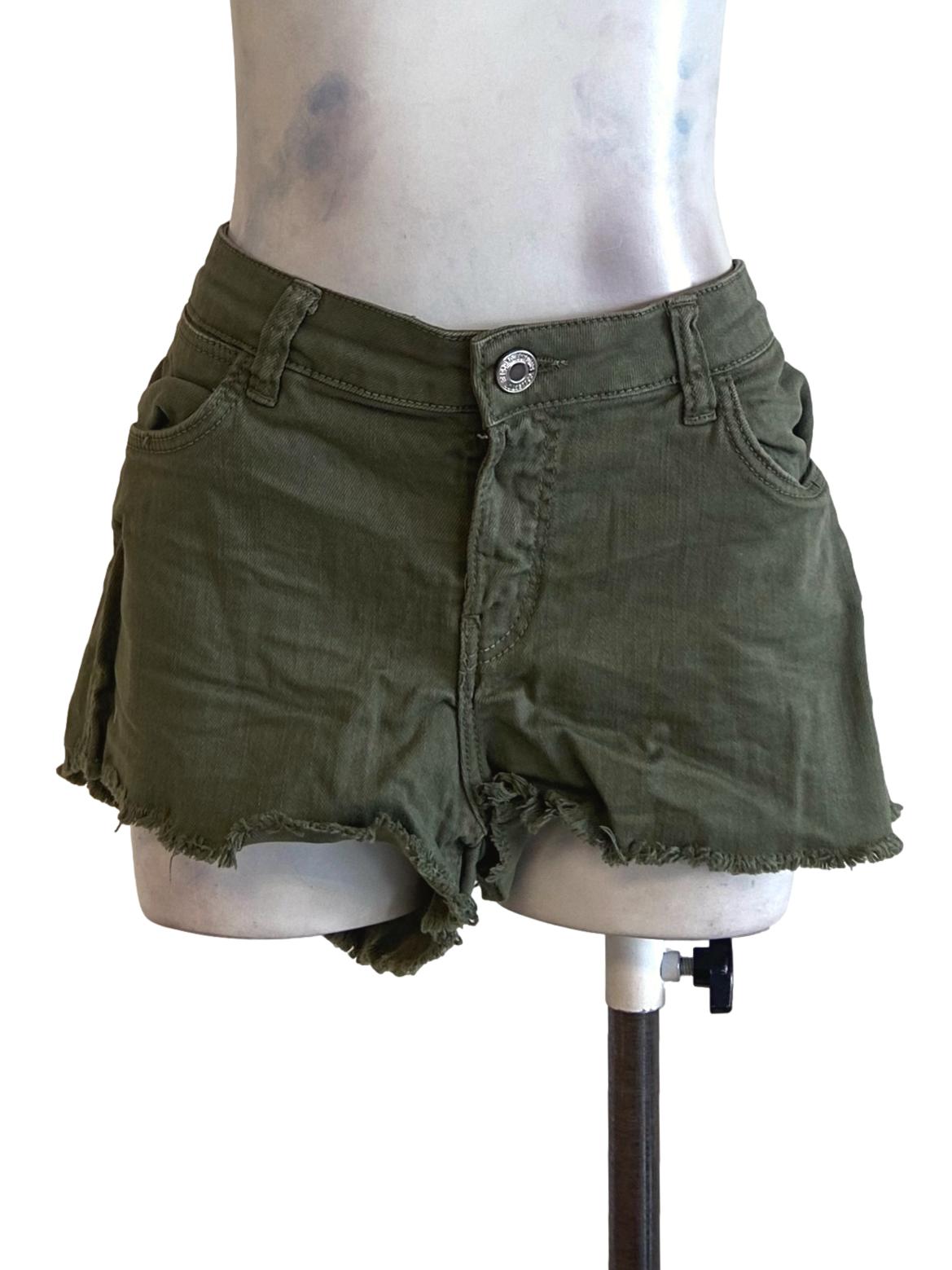 Crocodile Green Herringbone Distressed Short Jeans
