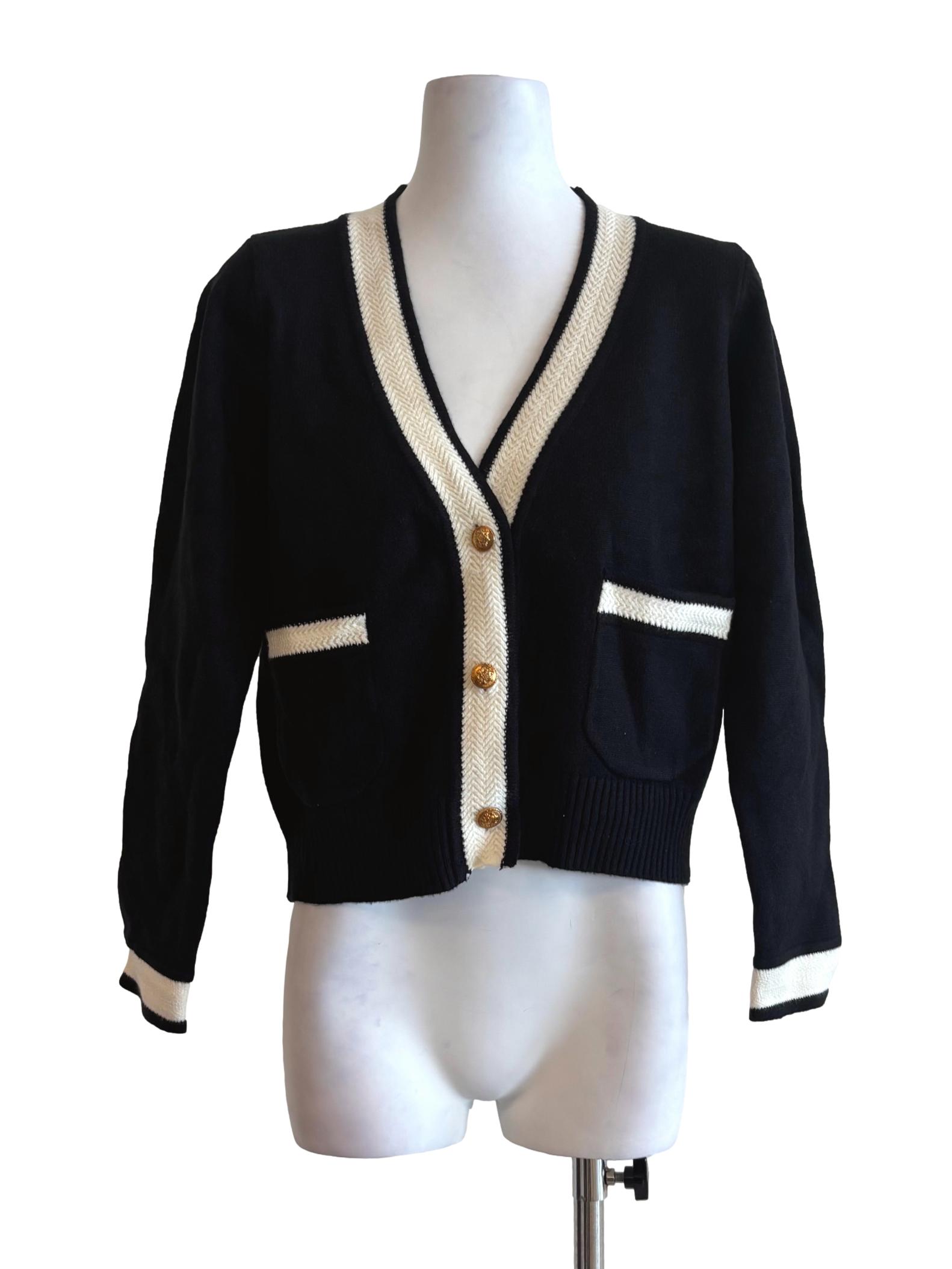 Rich Black White Border Knit Cardigan