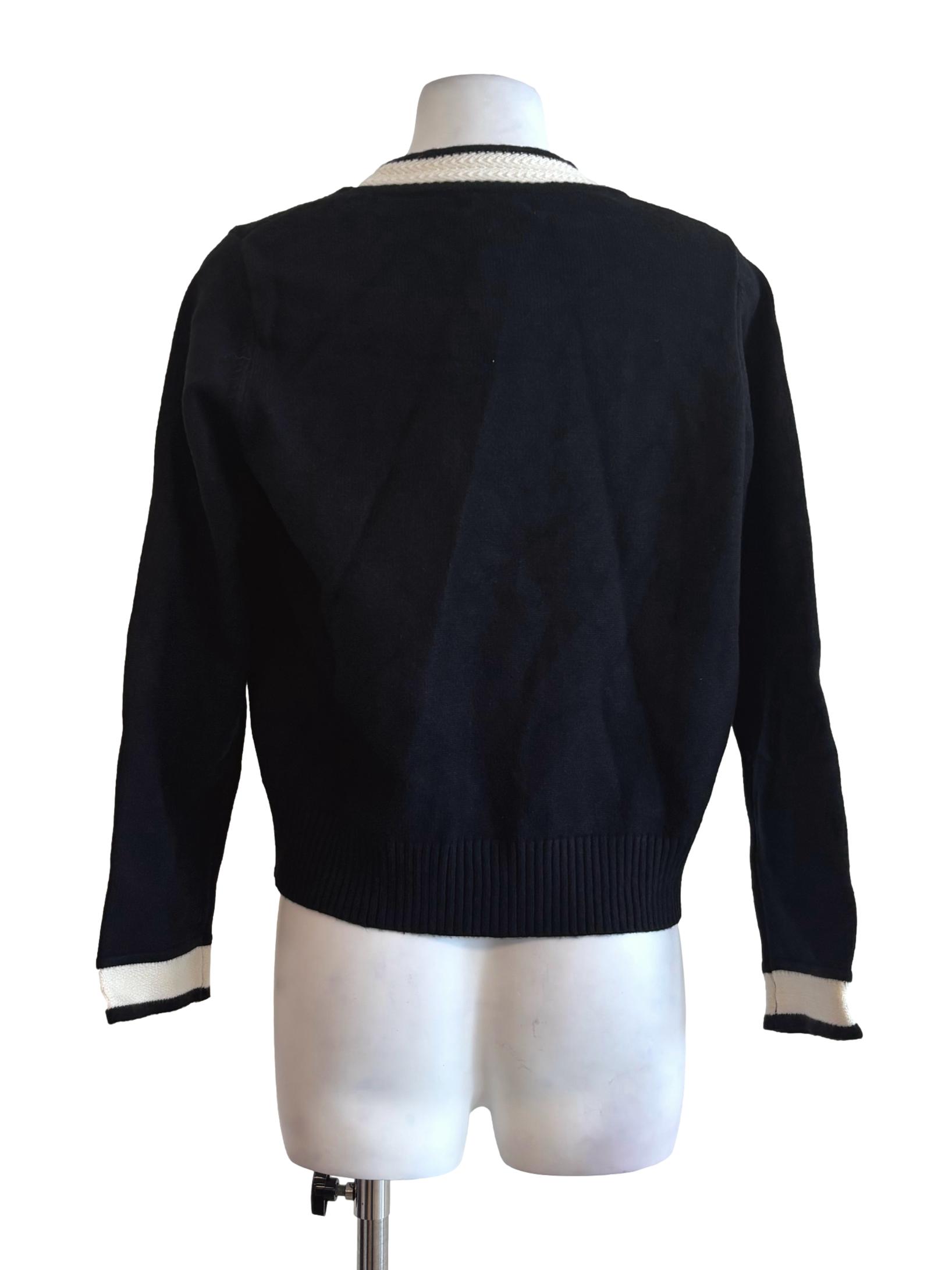 Rich Black White Border Knit Cardigan