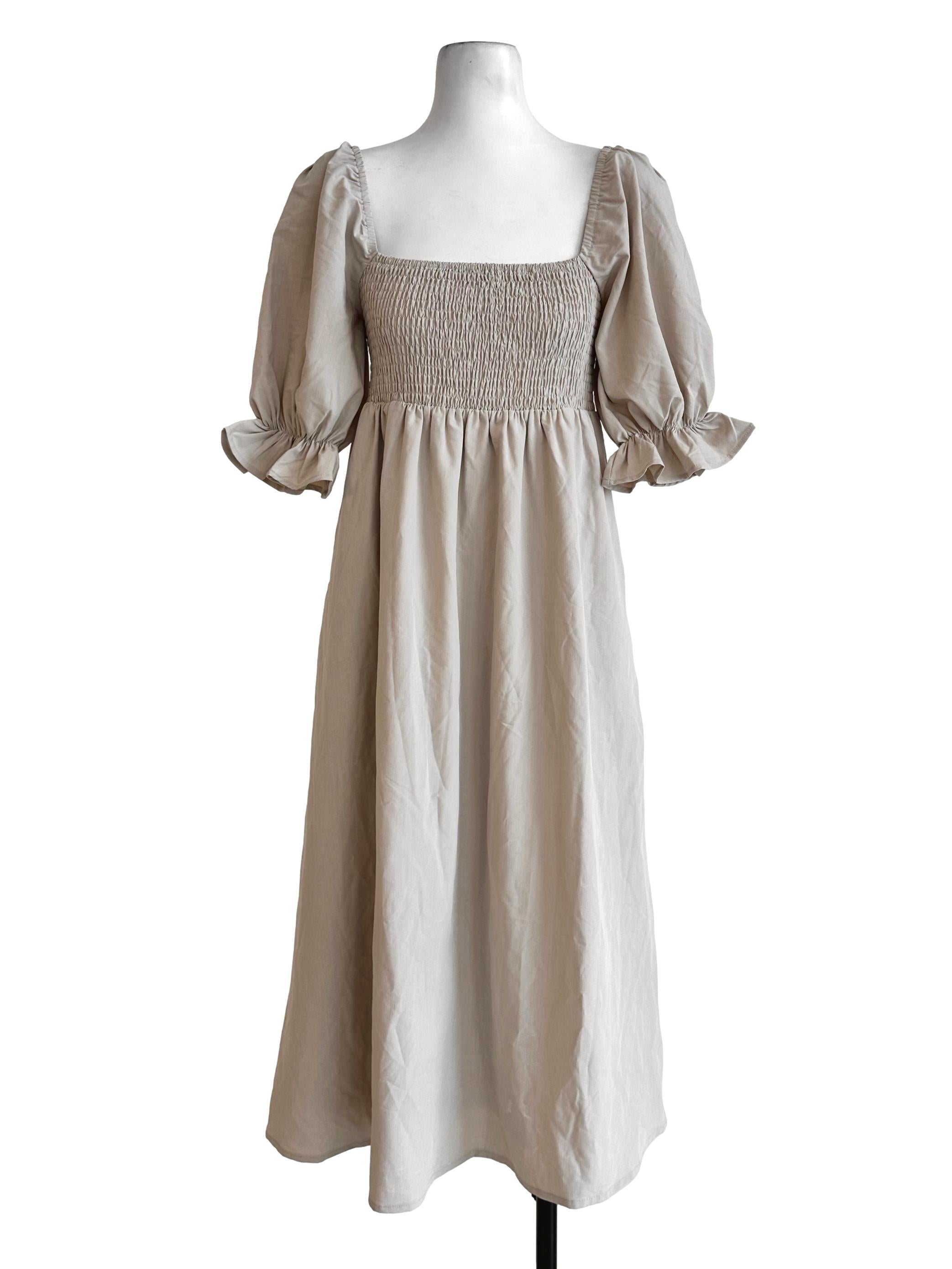 Eggnog Beige Smocked Midi Dress