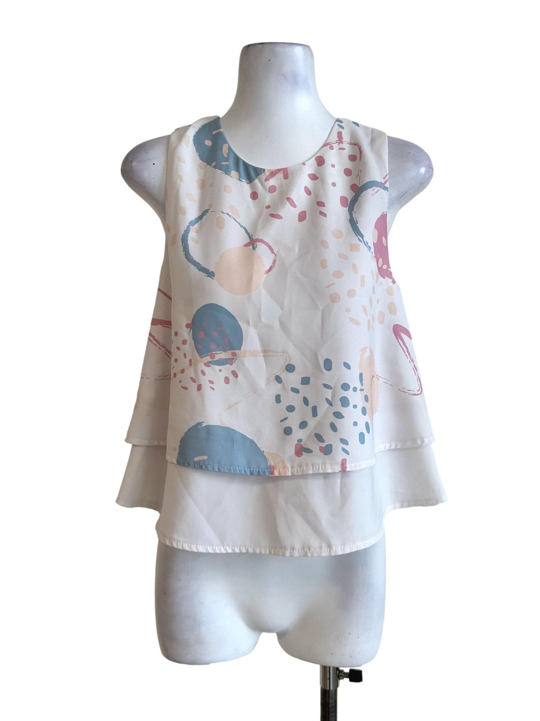 Powder White Abstract Pattern Sleeveless Top