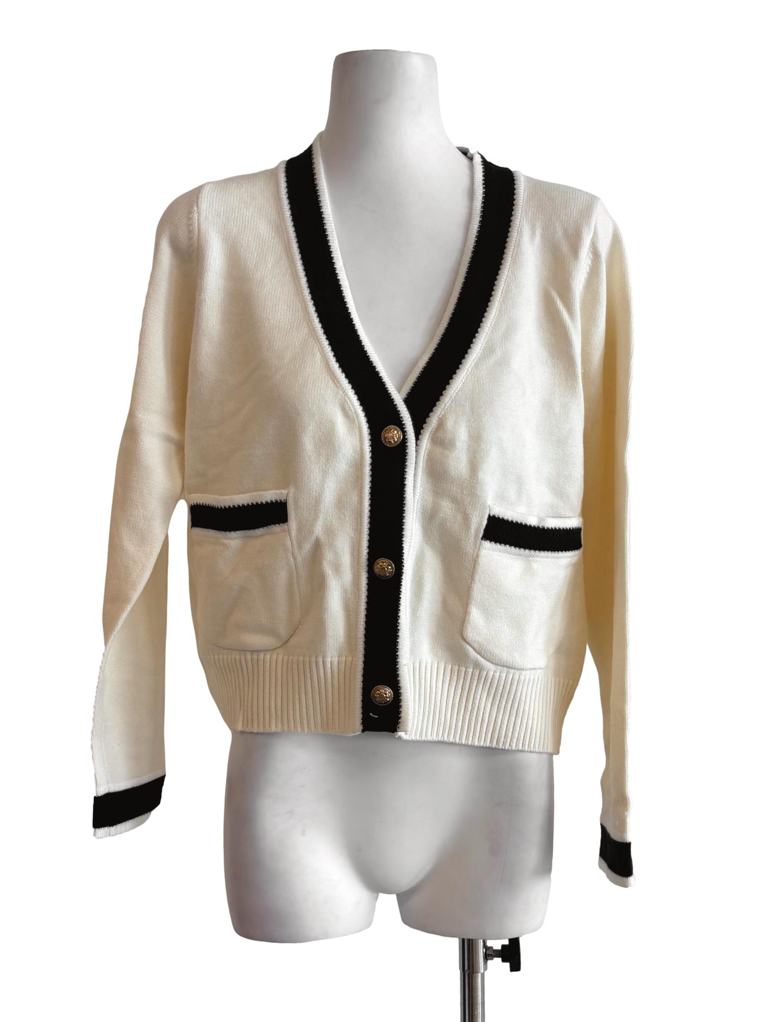 Ivory White Black Border Knit Cardigan