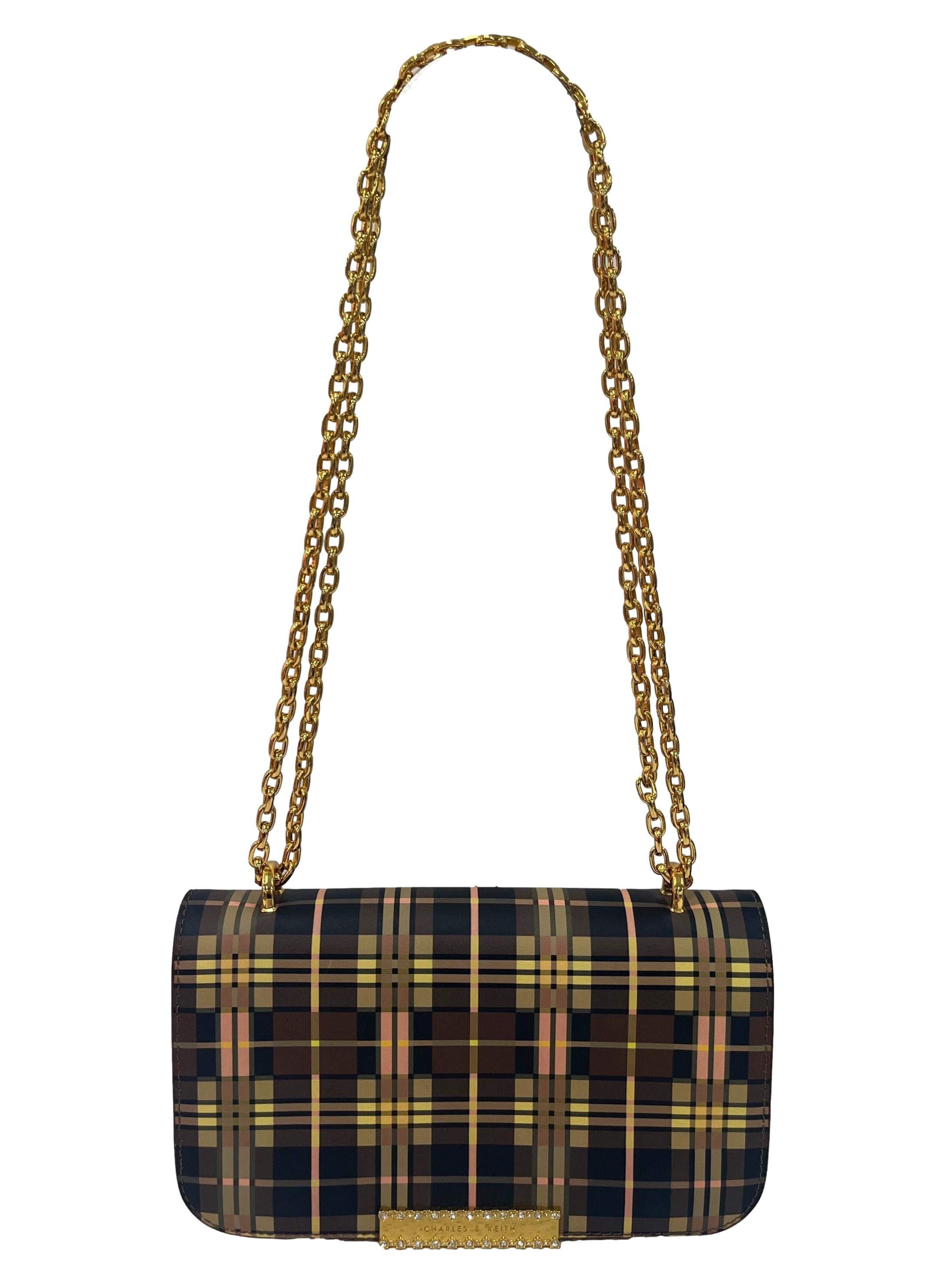 Brown Tartan Small Shoulder Bag With Chain Straps
