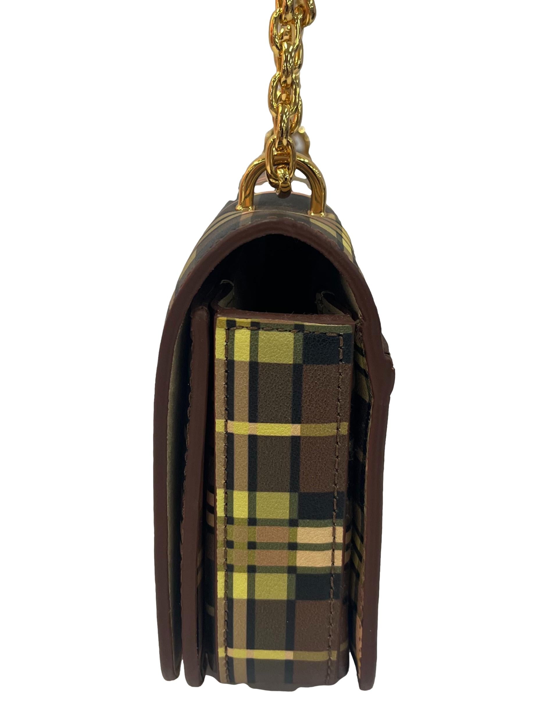 Brown Tartan Small Shoulder Bag With Chain Straps