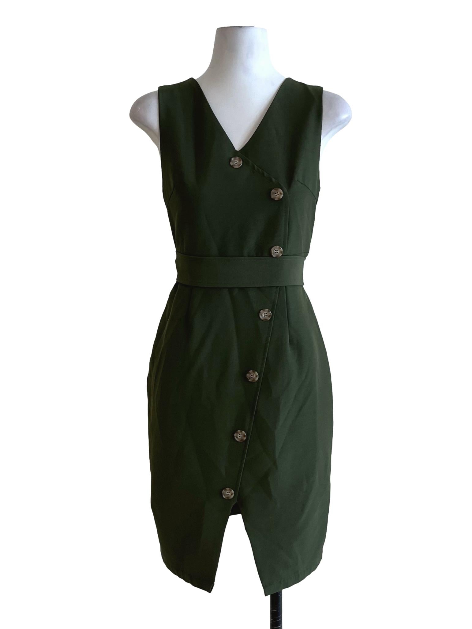 Moss Green V-Neckline A-Line Dress