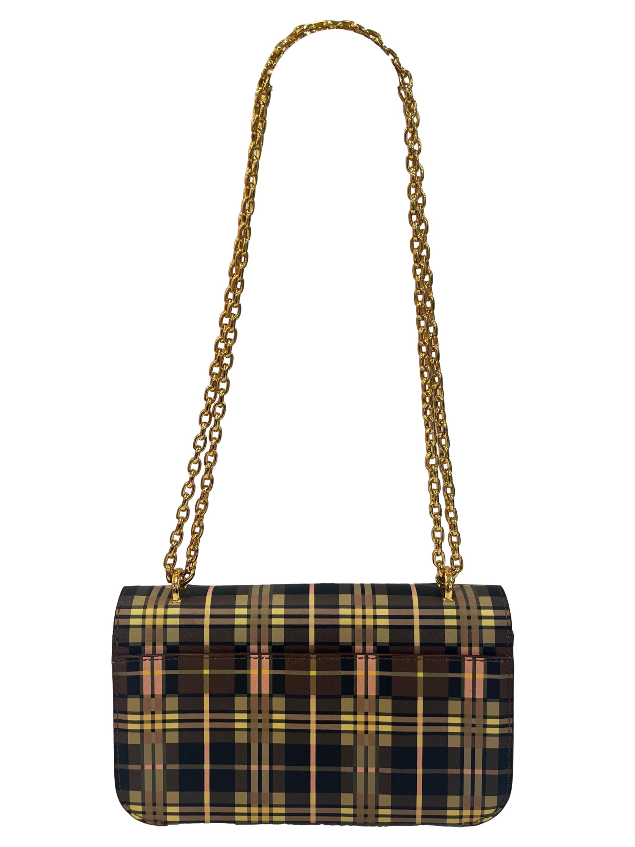 Brown Tartan Small Shoulder Bag With Chain Straps