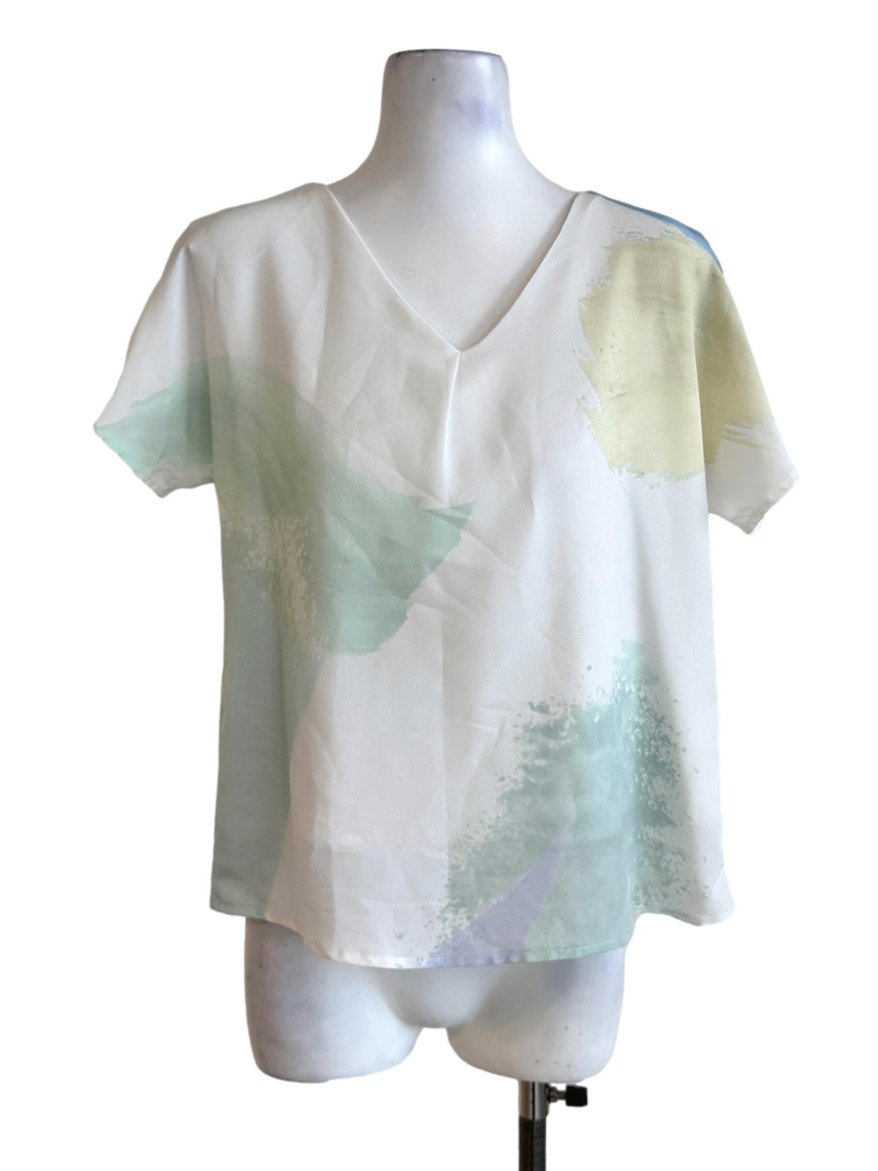 Porcelain White Abstract Pattern V Neckline Top