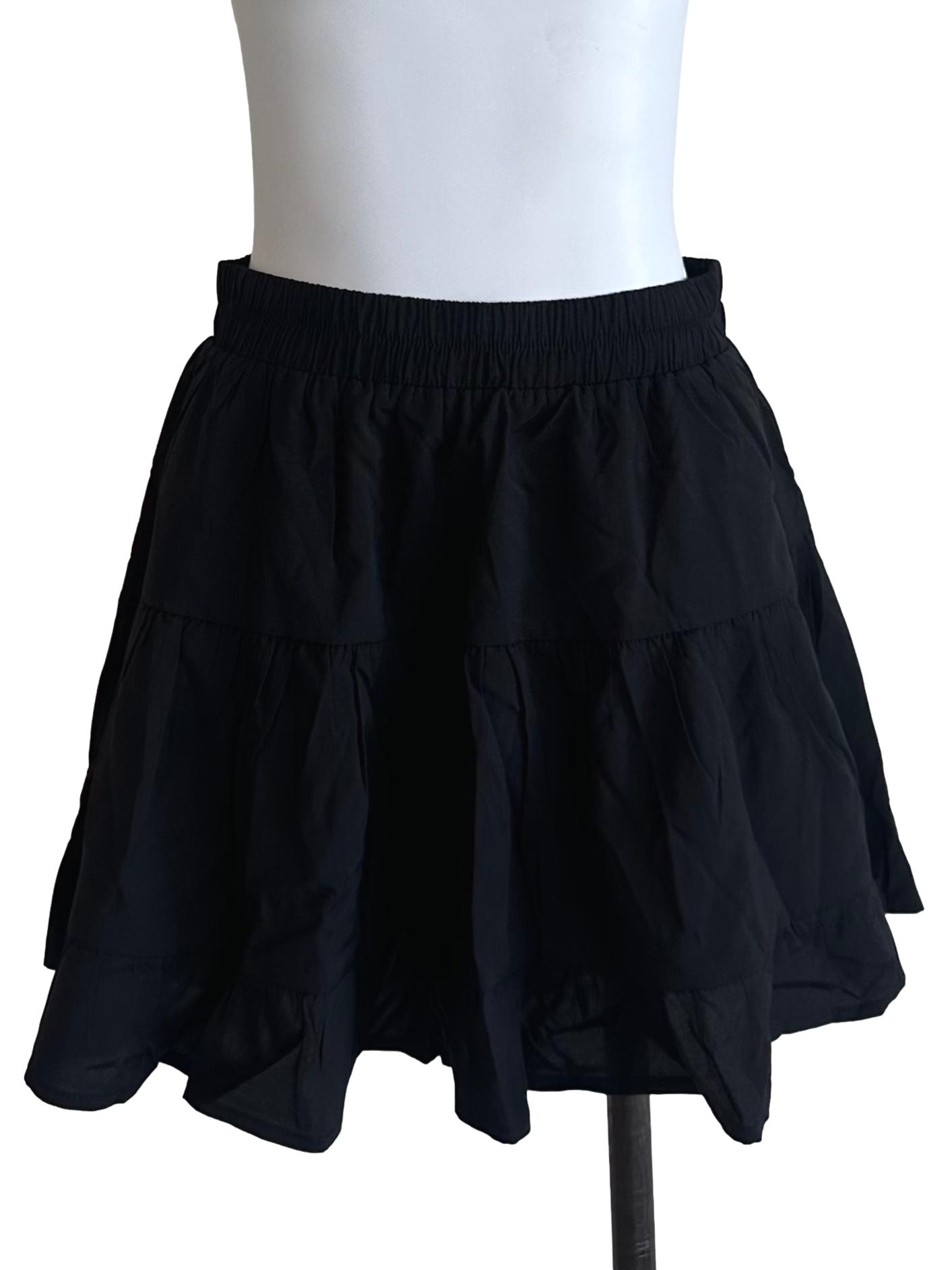 Rich Black Elastic Waist Tiered Skort