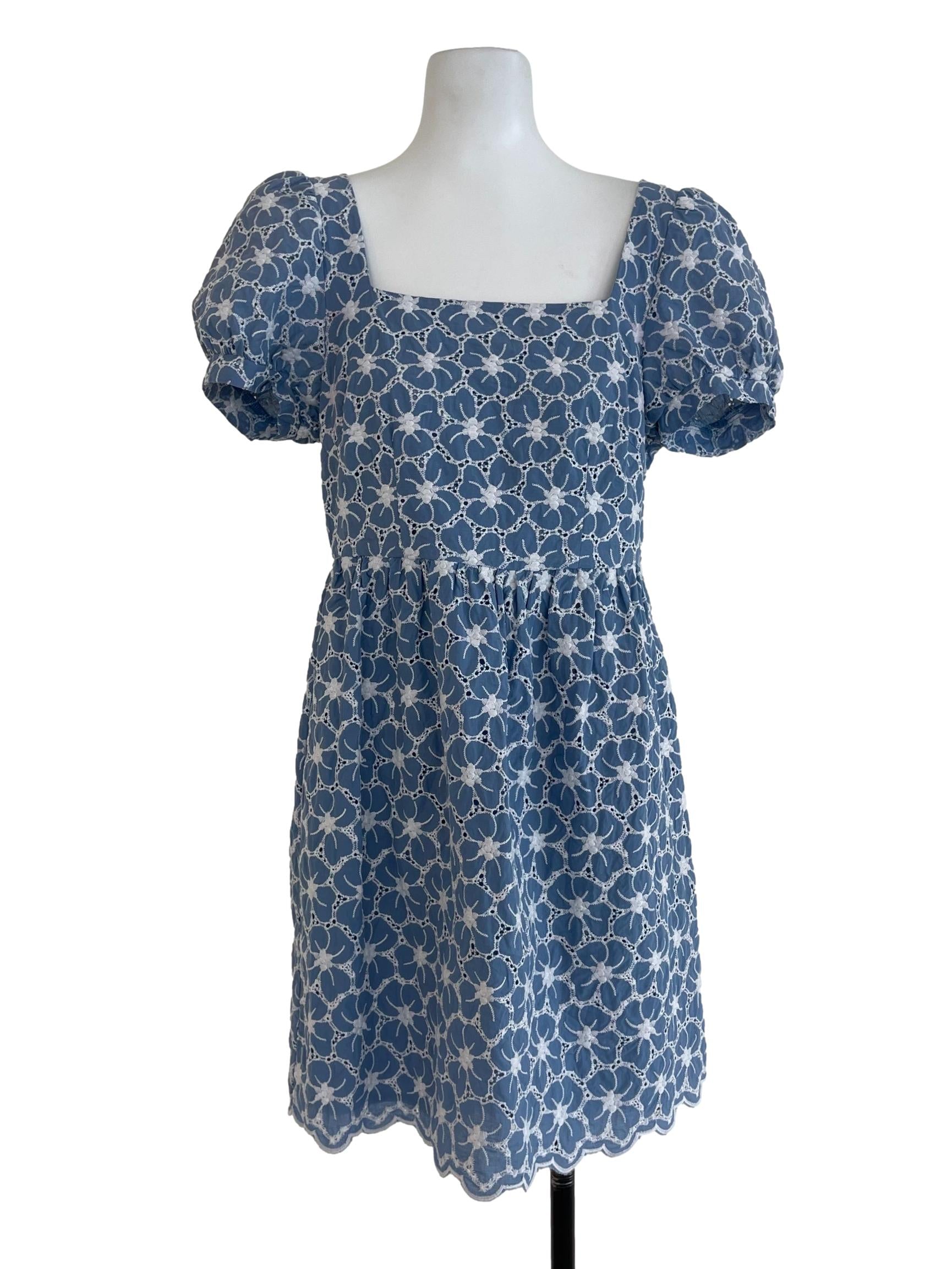 Dusty Blue Floral Square Neck Dress