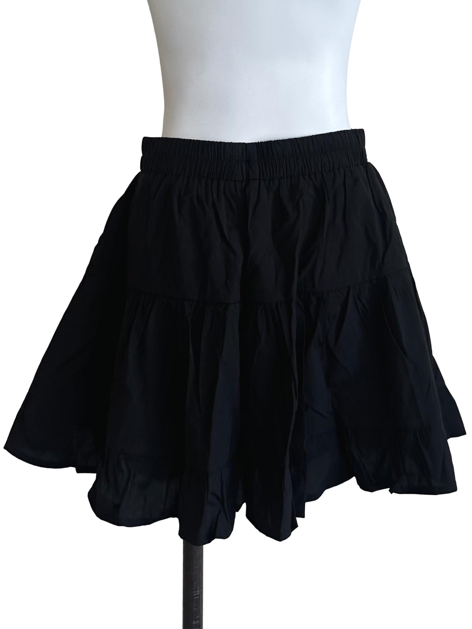 Rich Black Elastic Waist Tiered Skort
