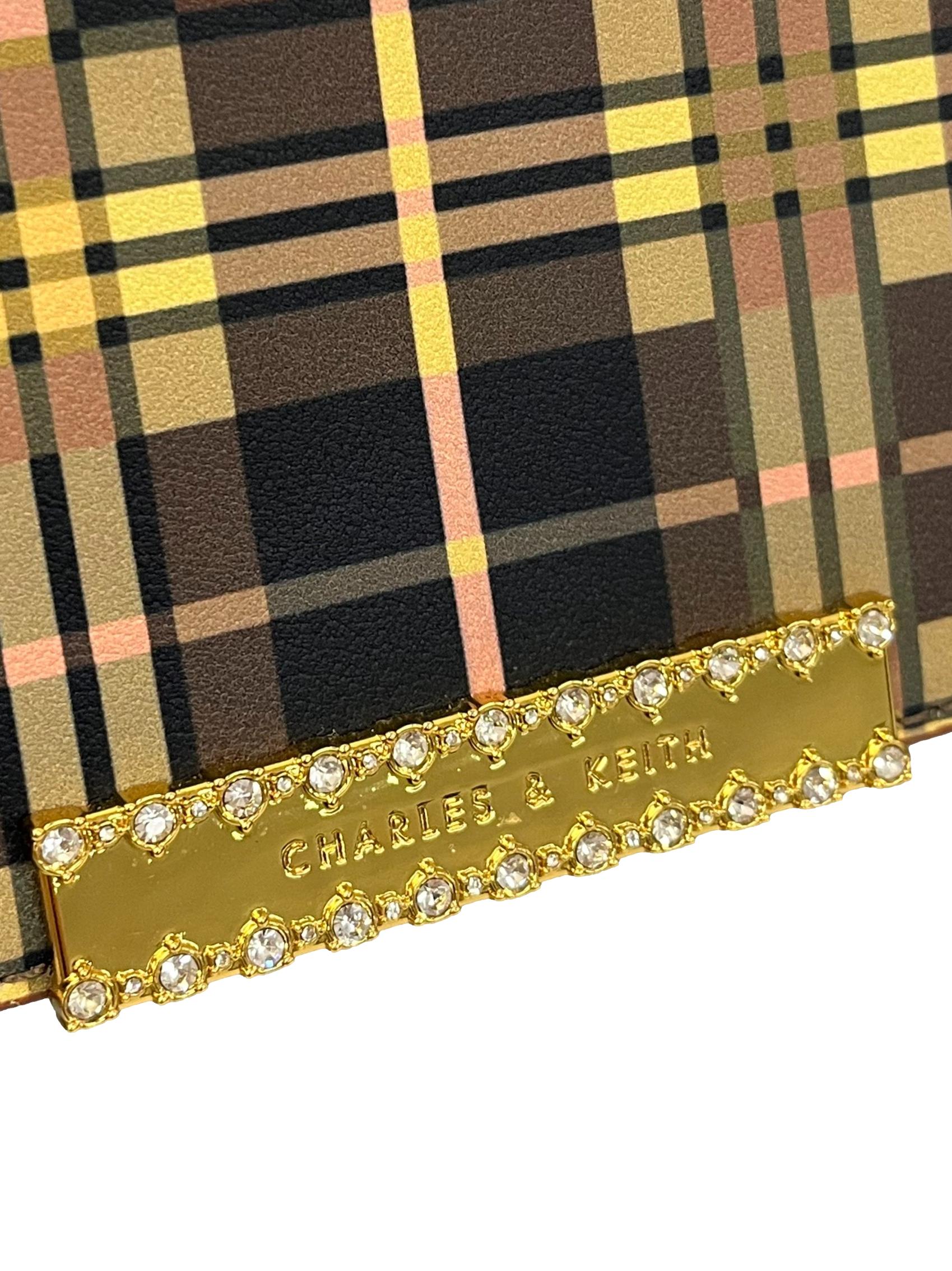 Brown Tartan Small Shoulder Bag With Chain Straps