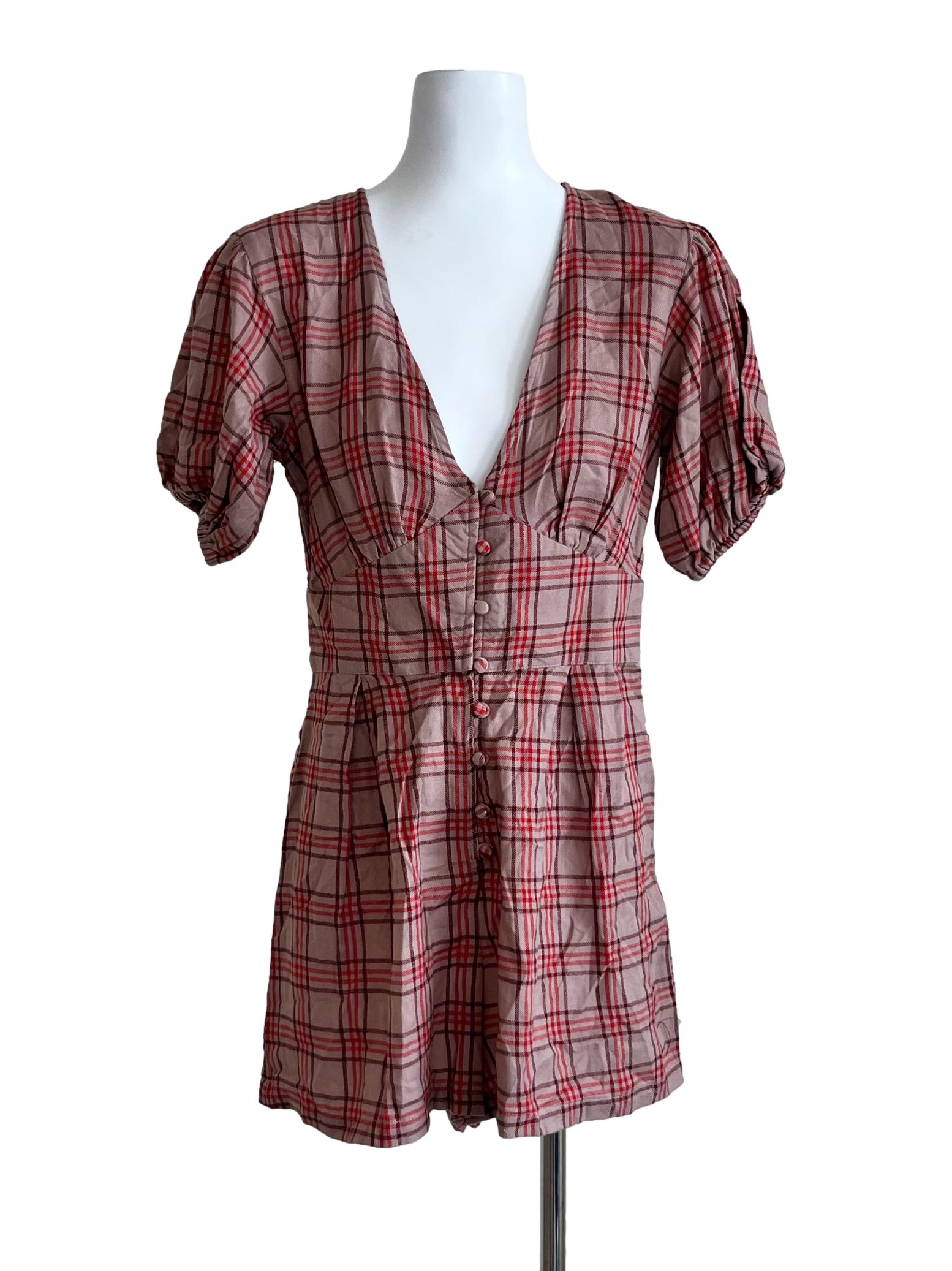 Pink Madras Pattern Short Sleeve Romper
