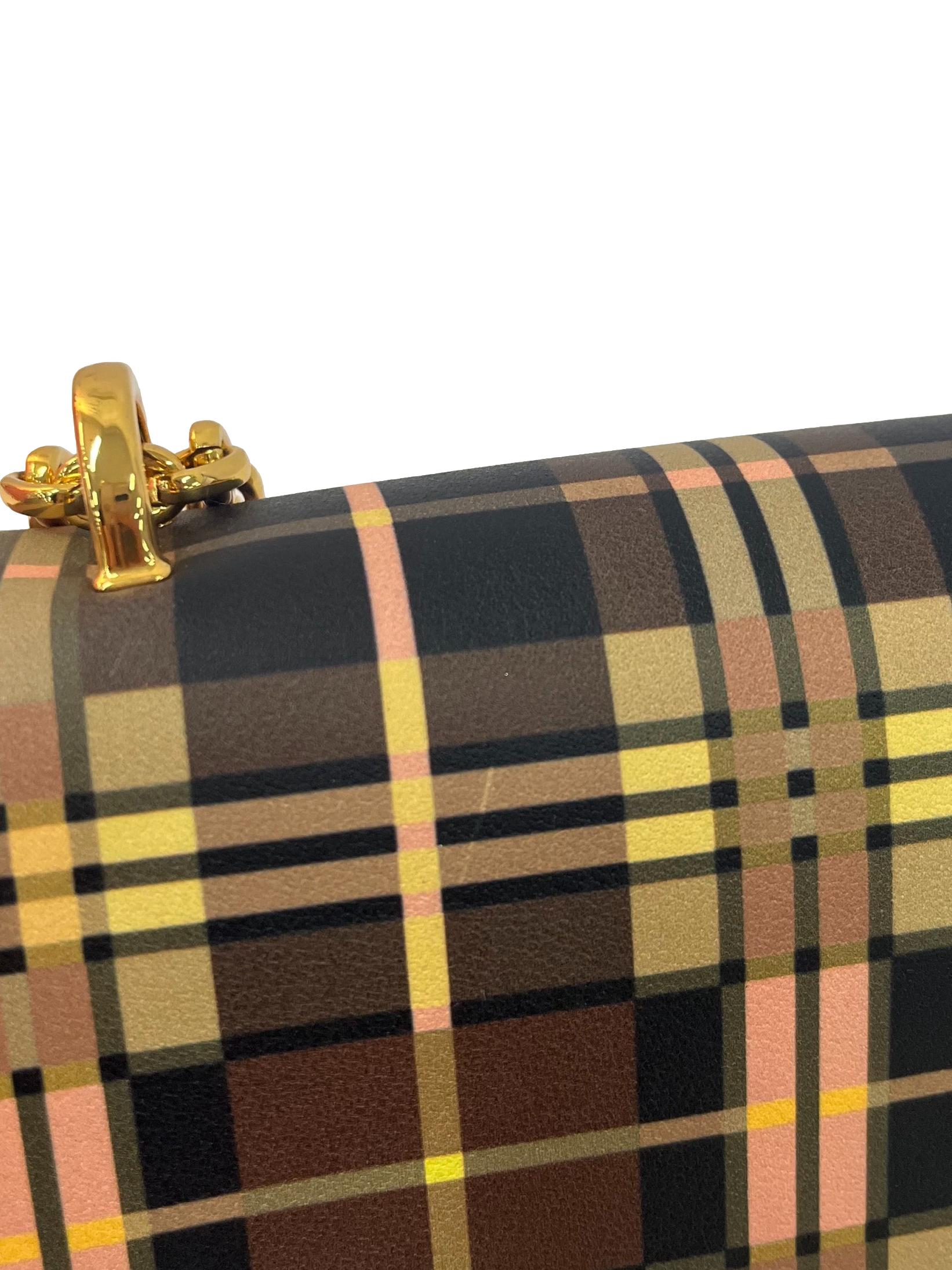 Brown Tartan Small Shoulder Bag With Chain Straps