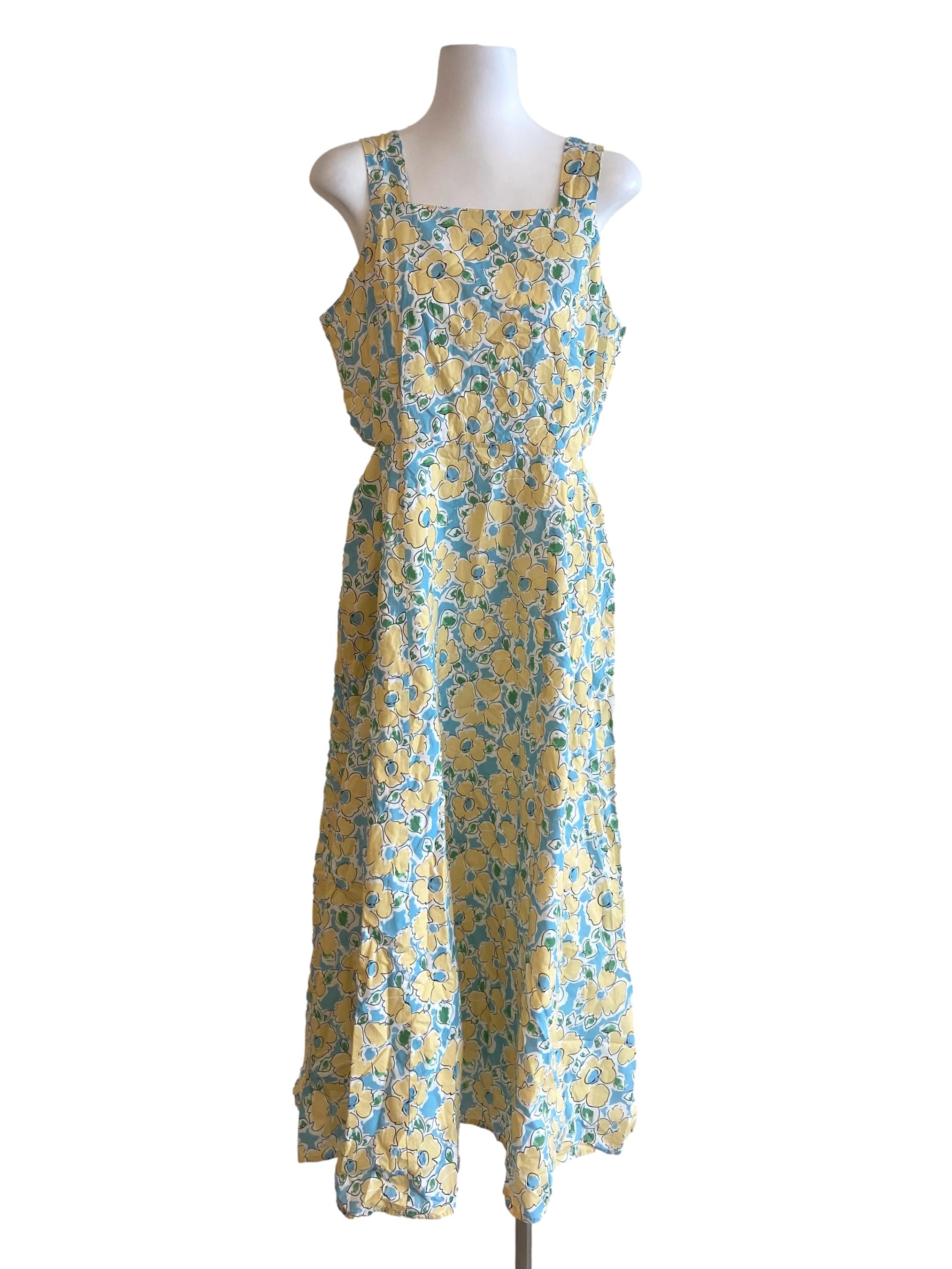 Sky Blue & Yellow Floral Sleeveless Empire Dress