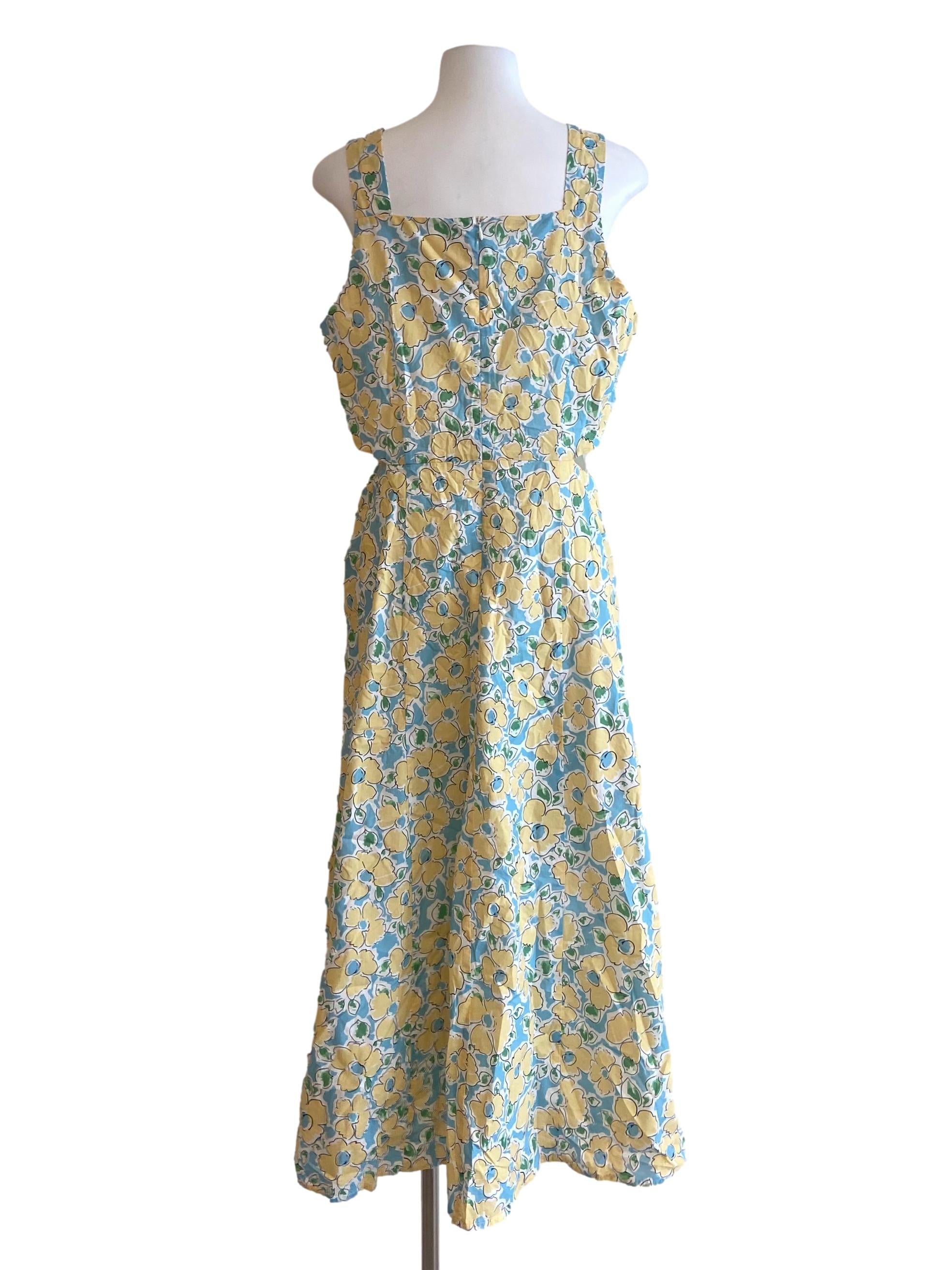 Sky Blue & Yellow Floral Sleeveless Empire Dress