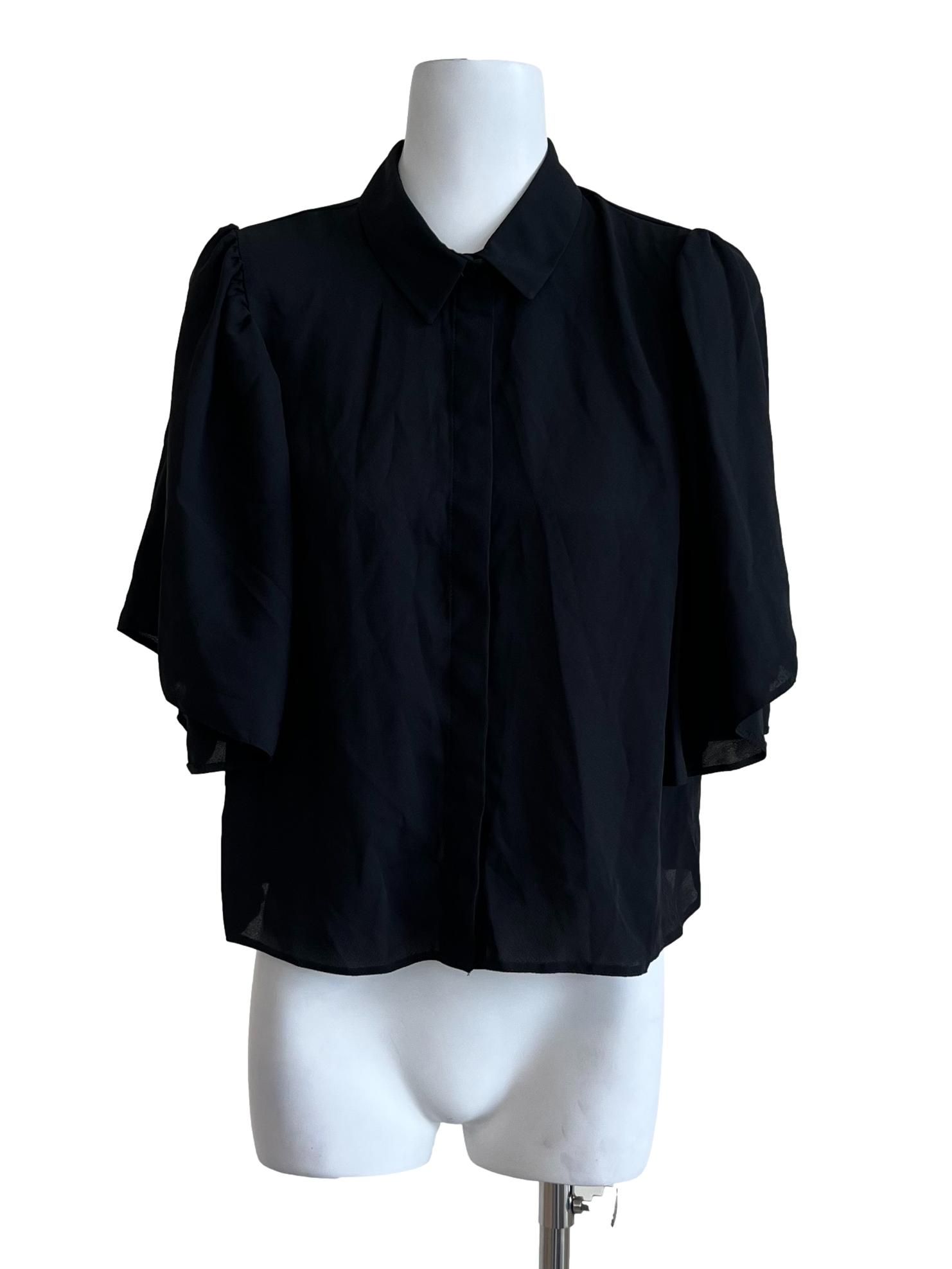 Black Plain Full Button Collar Blouse